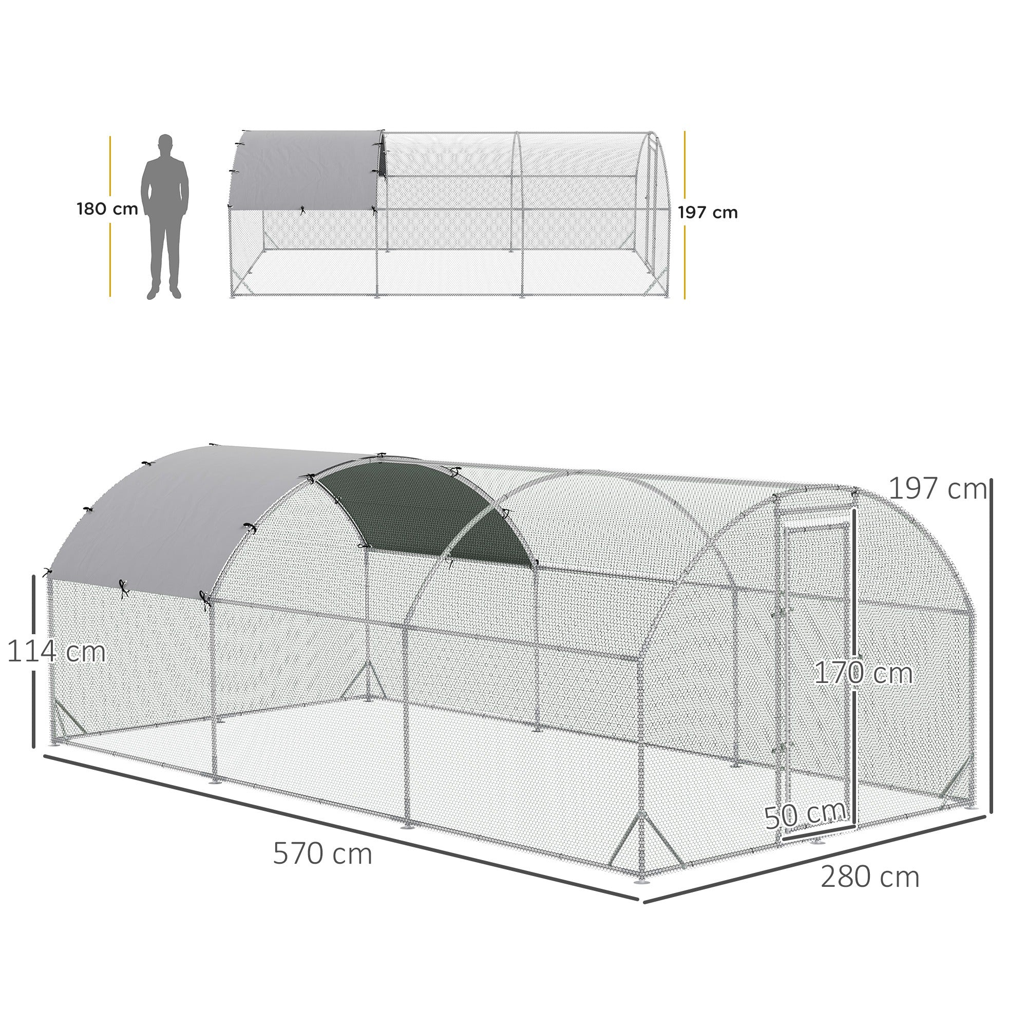 Large Outdoor Chicken Coop Galvanized Steel 280x570x197 cm Chicken Cage Oxford Waterproof and UV-Resistant Cover for Yard Silver