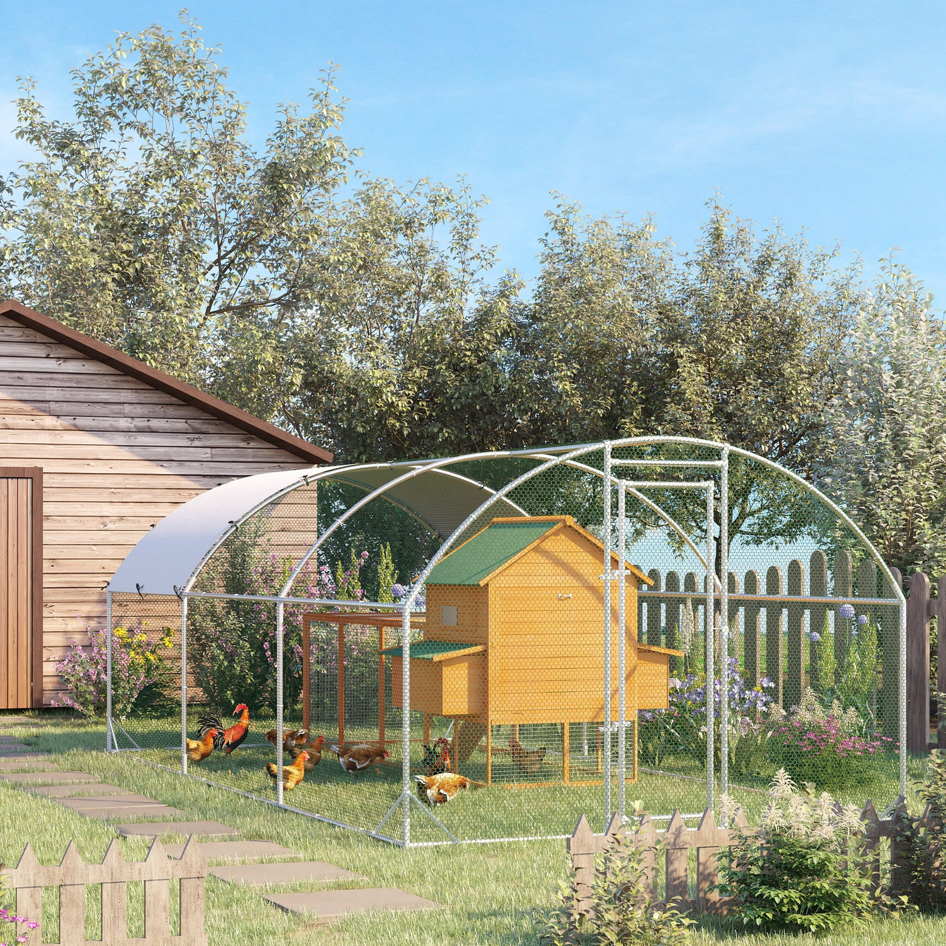 Large Outdoor Chicken Coop Galvanized Steel 280x570x197 cm Chicken Cage Oxford Waterproof and UV-Resistant Cover for Yard Silver