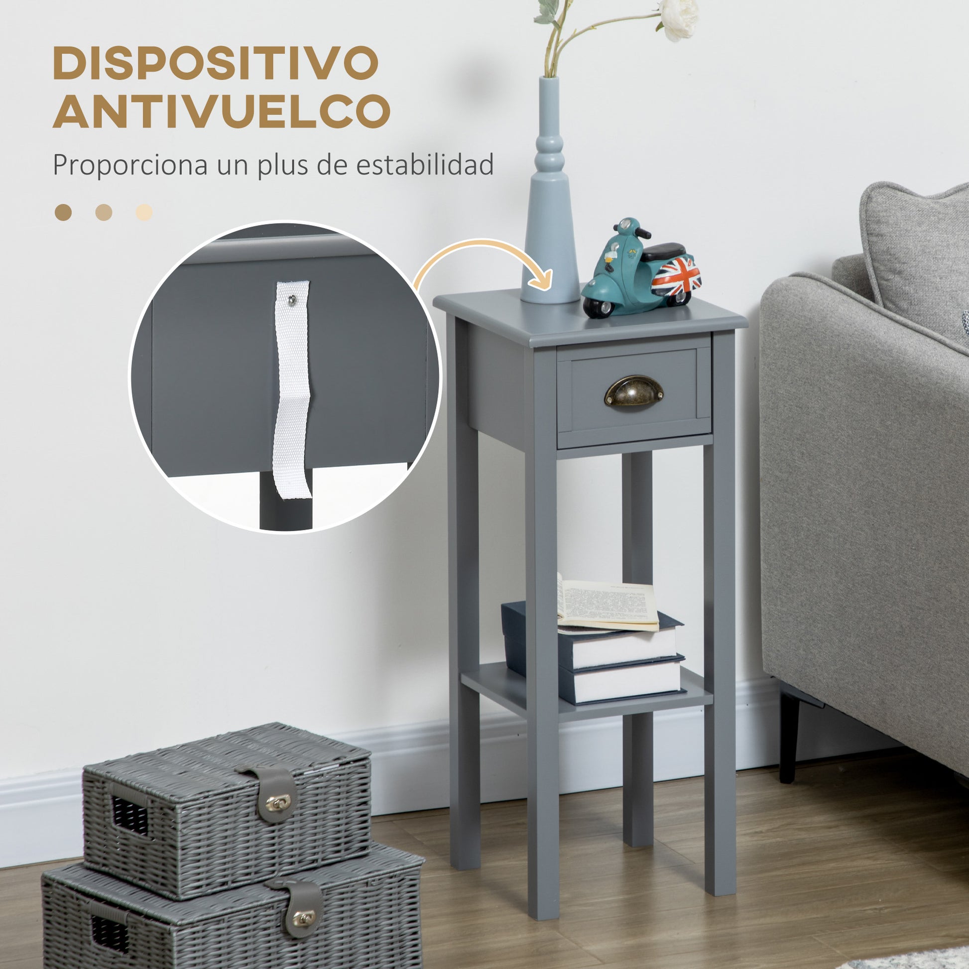 Modern Style Side Table with Drawer and Storage Shelf Nightstand for Living Room Bedroom 30x30x75 cm Gray