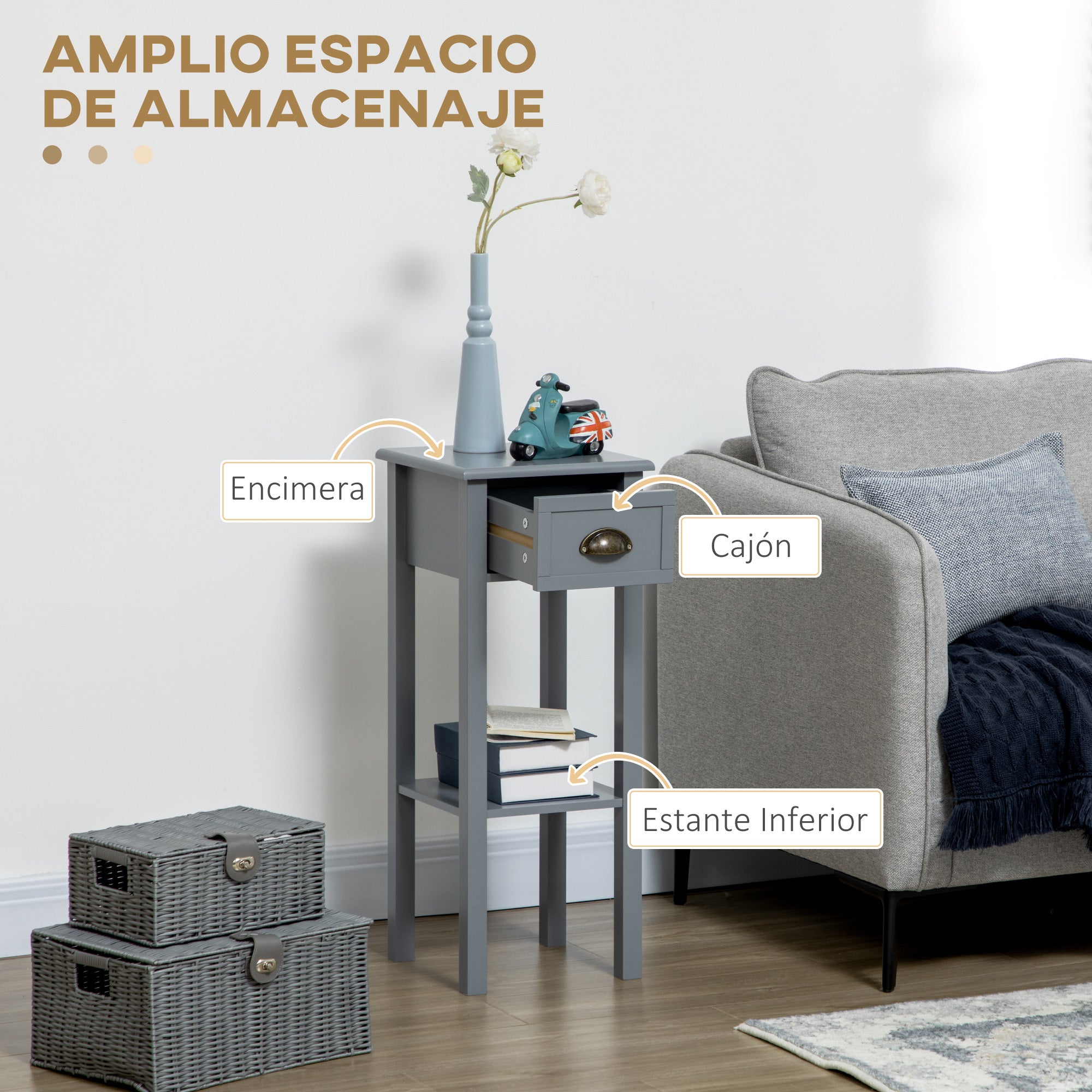 Modern Style Side Table with Drawer and Storage Shelf Nightstand for Living Room Bedroom 30x30x75 cm Gray