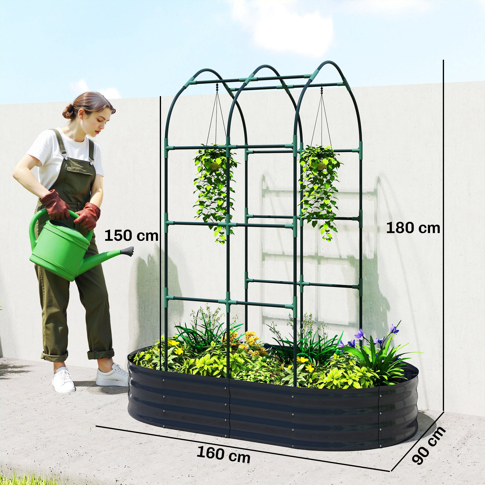 Raised Bed with Trellis, Metal Planter with Gloves — Garden Bed, Low Greenhouse, Herb Bed with Trellis for Climbing Vegetables & Flowers, 160 x 90 x 180 cm (63 x 35 x 71 in), Dark Gray