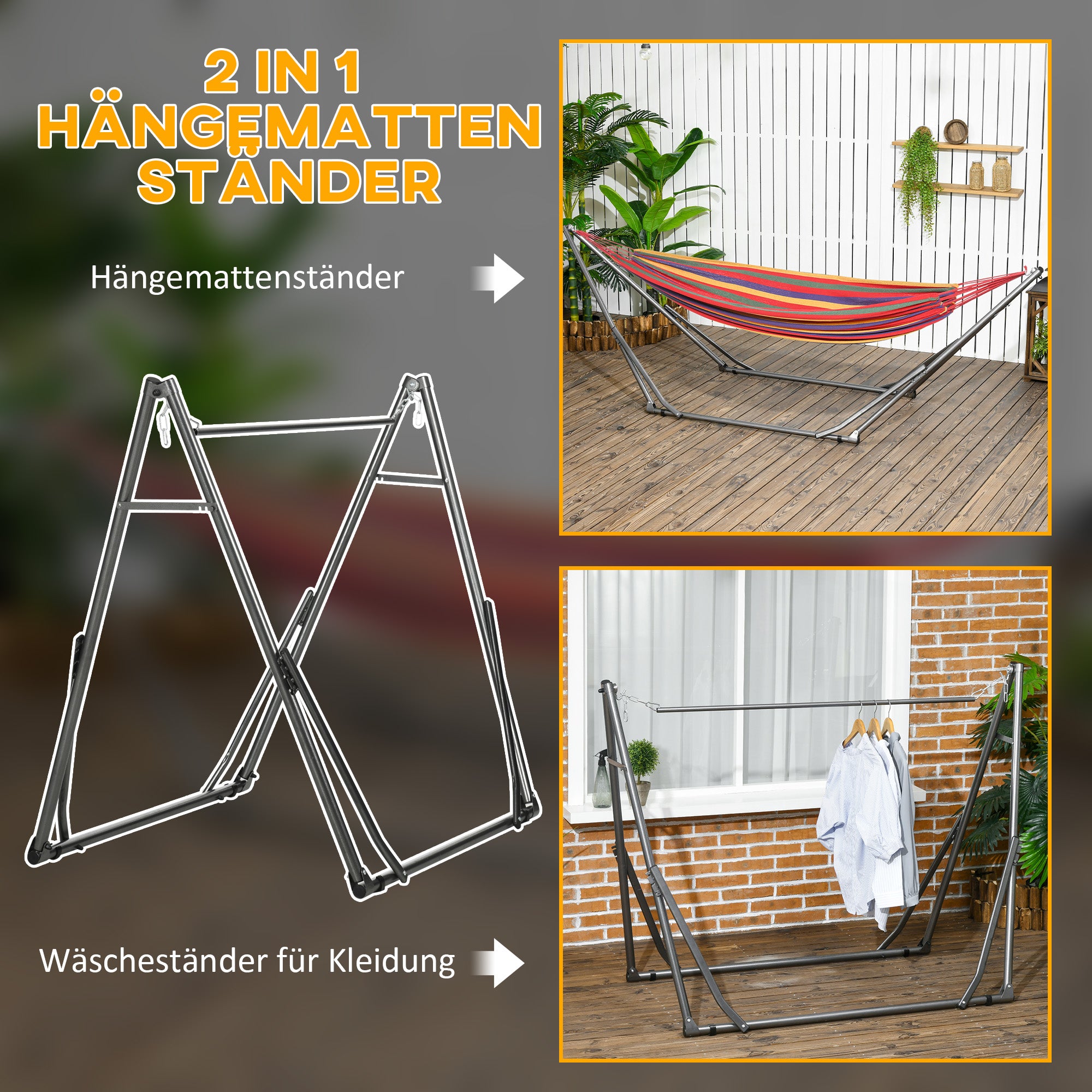 Hammock Stand for Hammock, Foldable 2-in-1 Hammock Stand, Clothes Rack for Patio, Garden, Yard, Supports up to 120kg, Steel, 290 x 92 x 88cm