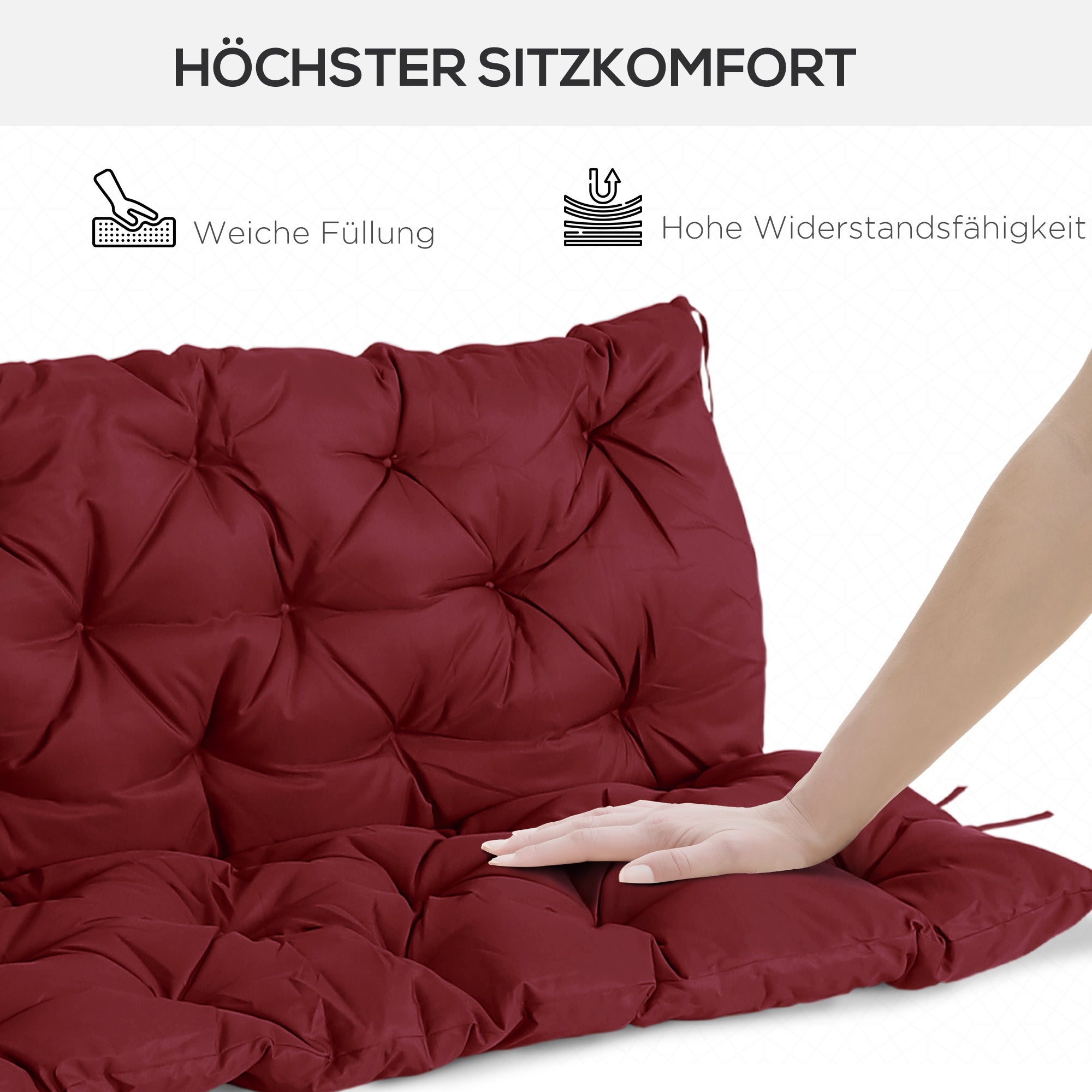 3 Seater Bench Cushion 150 x 98 x 8 cm Seat Cushion with Straps Back Cushion for Indoor/Outdoor Cushion for Bench Garden Bench Garden Furniture Porch Swings Red