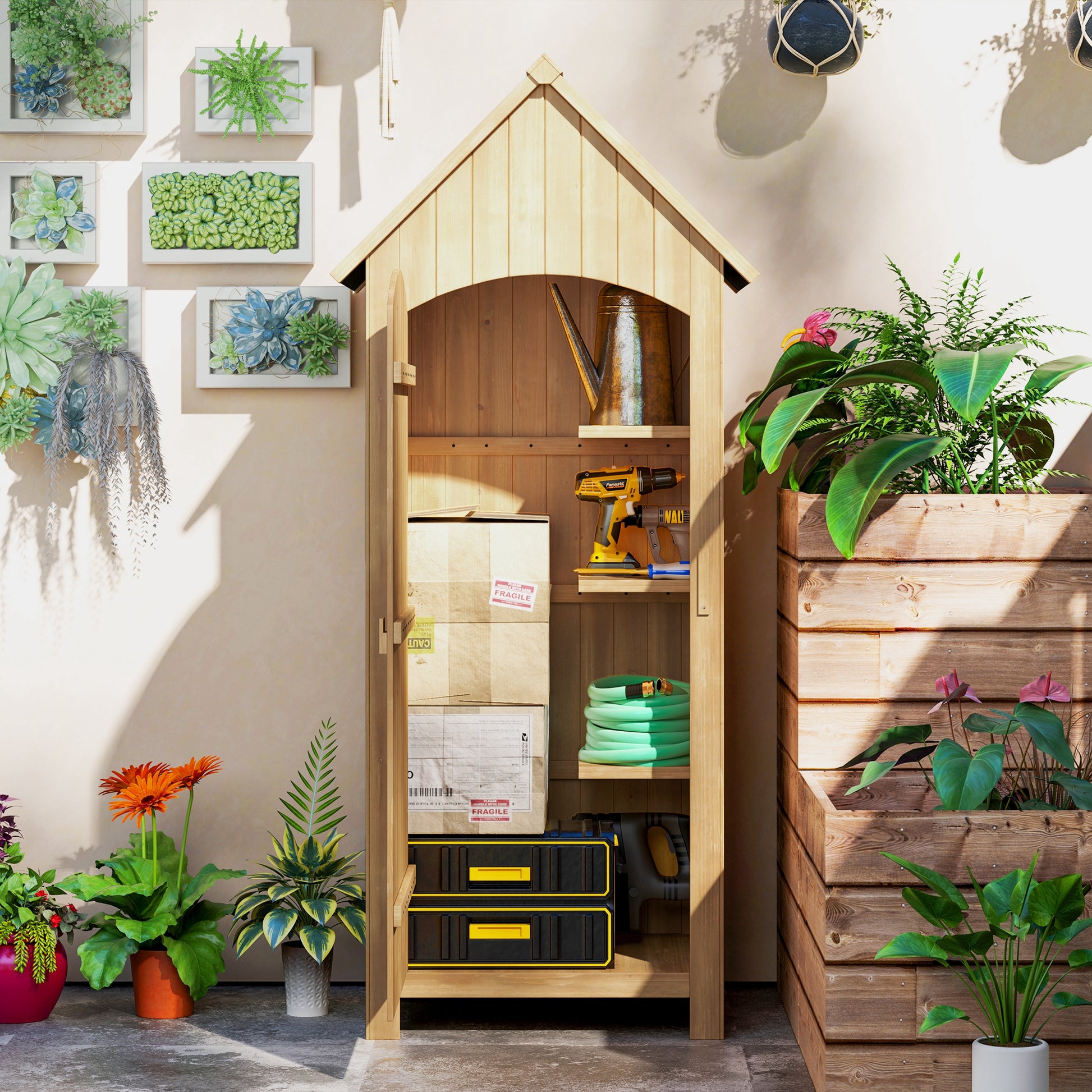 Outdoor Garden Shed Wood 77.5x54.2x179.5 cm 0.3 m² Exterior Garden Shed Tool Storage Cabinet with 3 Shelves and 2 Lockable Doors for Patio Terrace Natural