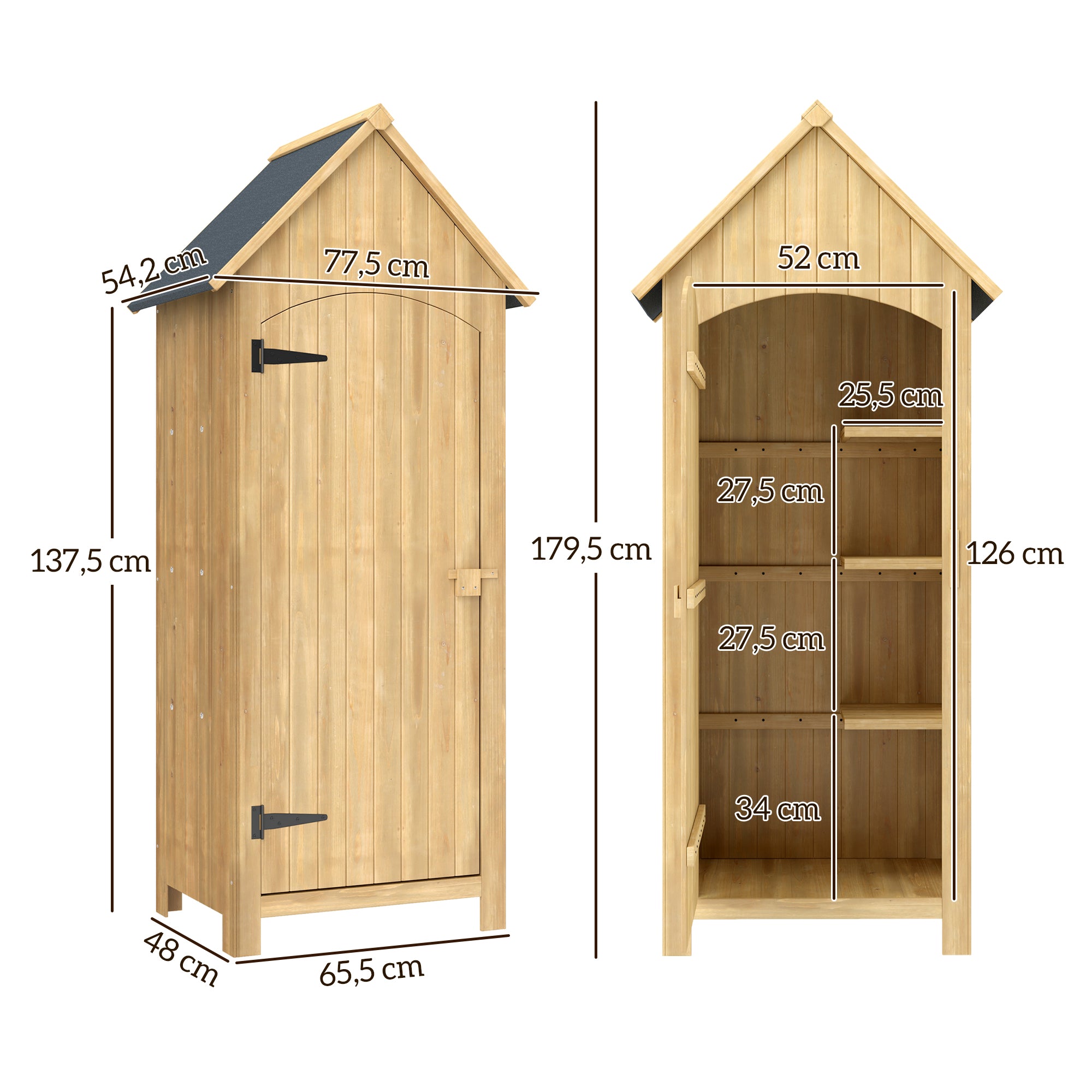 Outdoor Garden Shed Wood 77.5x54.2x179.5 cm 0.3 m² Exterior Garden Shed Tool Storage Cabinet with 3 Shelves and 2 Lockable Doors for Patio Terrace Natural