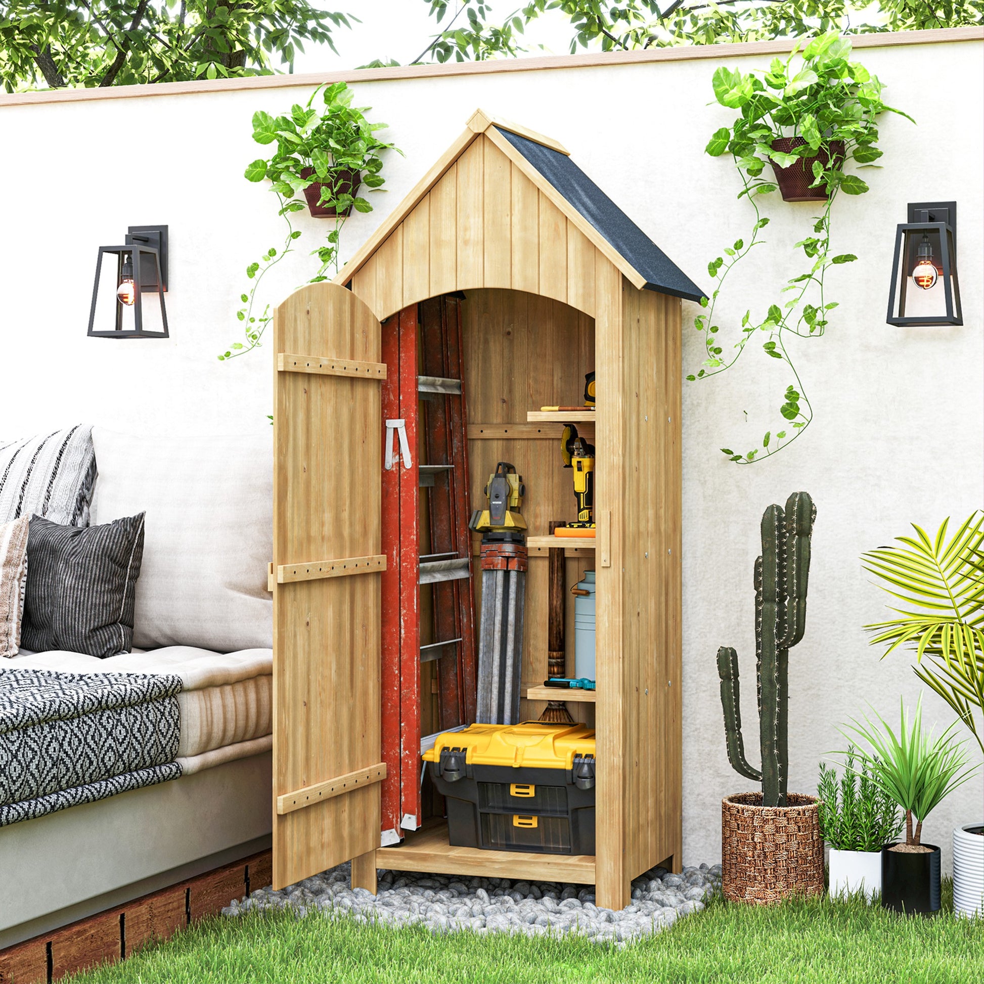 Outdoor Garden Shed Wood 77.5x54.2x179.5 cm 0.3 m² Exterior Garden Shed Tool Storage Cabinet with 3 Shelves and 2 Lockable Doors for Patio Terrace Natural