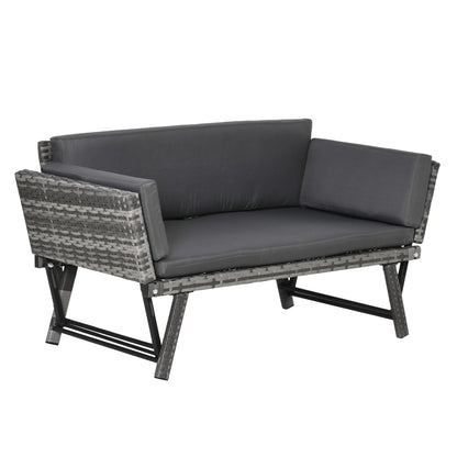Poly Rattan Garden Sofa 2 Seater Outdoor Furniture Lounge Sofa Garden Bench Lounger with Foldable Armrests Steel Grey 129 x 63 x 67 cm