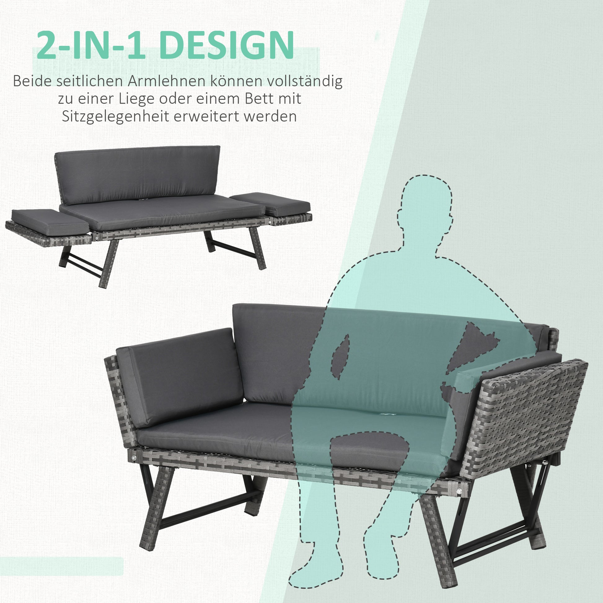 Poly Rattan Garden Sofa 2 Seater Outdoor Furniture Lounge Sofa Garden Bench Lounger with Foldable Armrests Steel Grey 129 x 63 x 67 cm