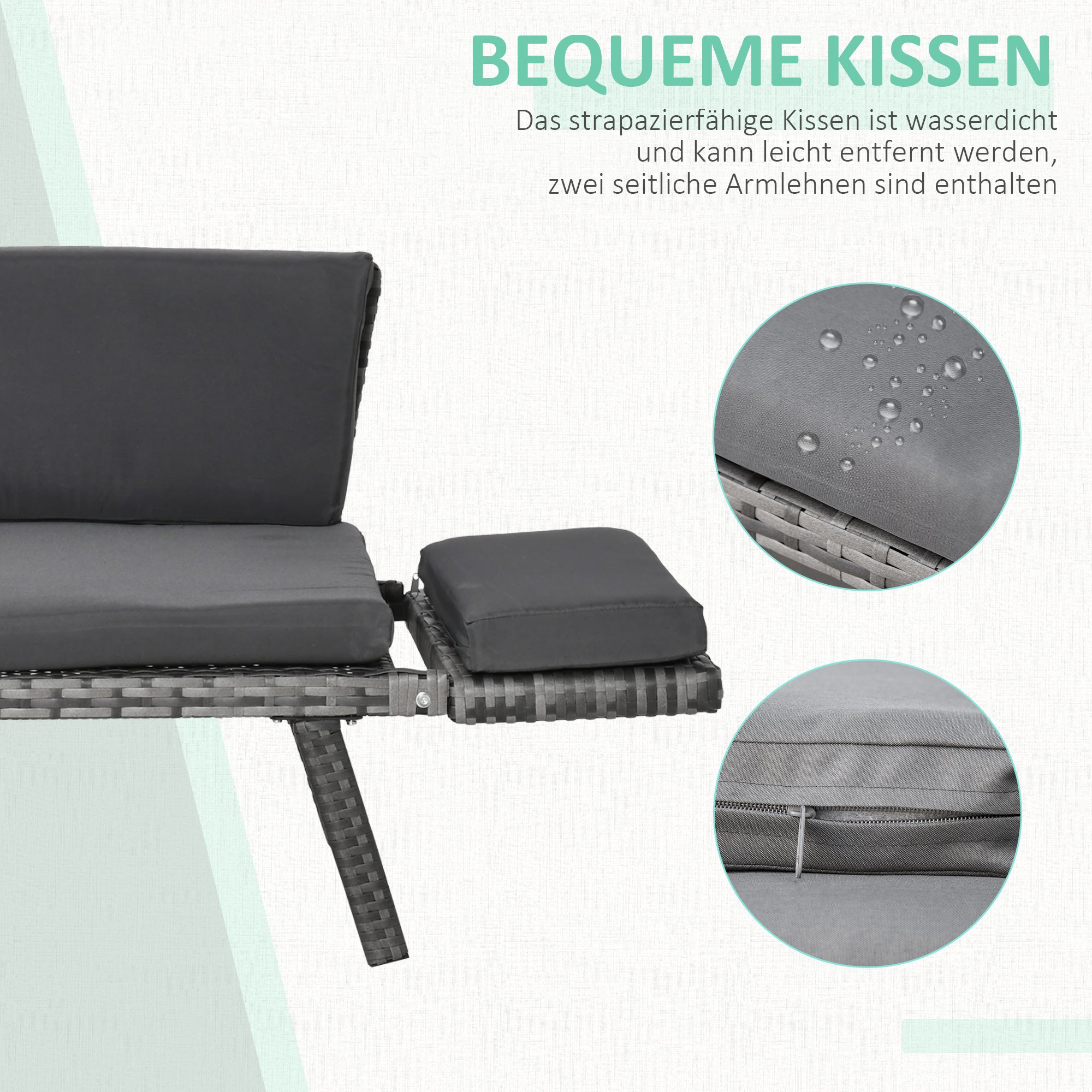 Poly Rattan Garden Sofa 2 Seater Outdoor Furniture Lounge Sofa Garden Bench Lounger with Foldable Armrests Steel Grey 129 x 63 x 67 cm