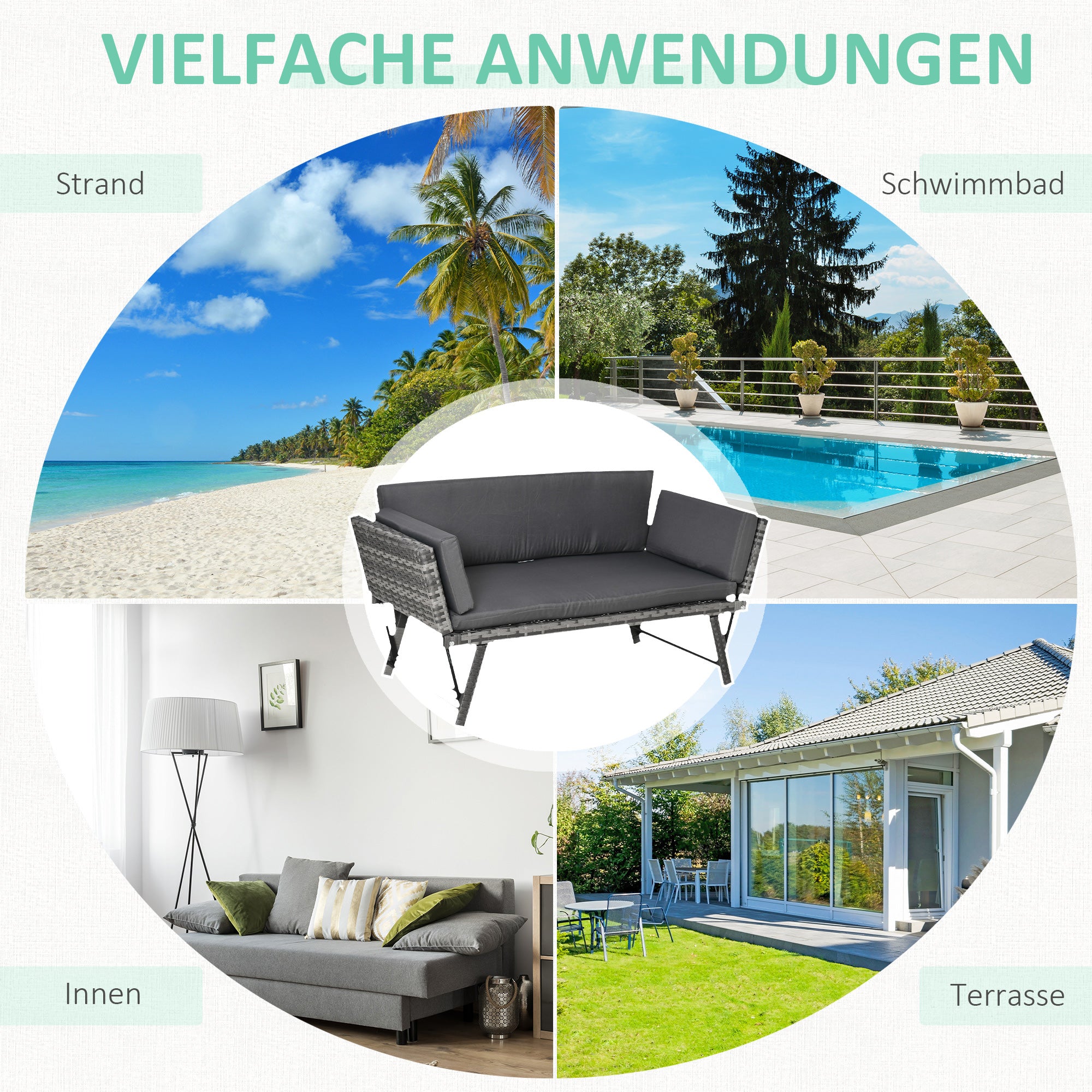 Poly Rattan Garden Sofa 2 Seater Outdoor Furniture Lounge Sofa Garden Bench Lounger with Foldable Armrests Steel Grey 129 x 63 x 67 cm