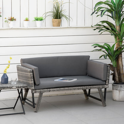 Poly Rattan Garden Sofa 2 Seater Outdoor Furniture Lounge Sofa Garden Bench Lounger with Foldable Armrests Steel Grey 129 x 63 x 67 cm