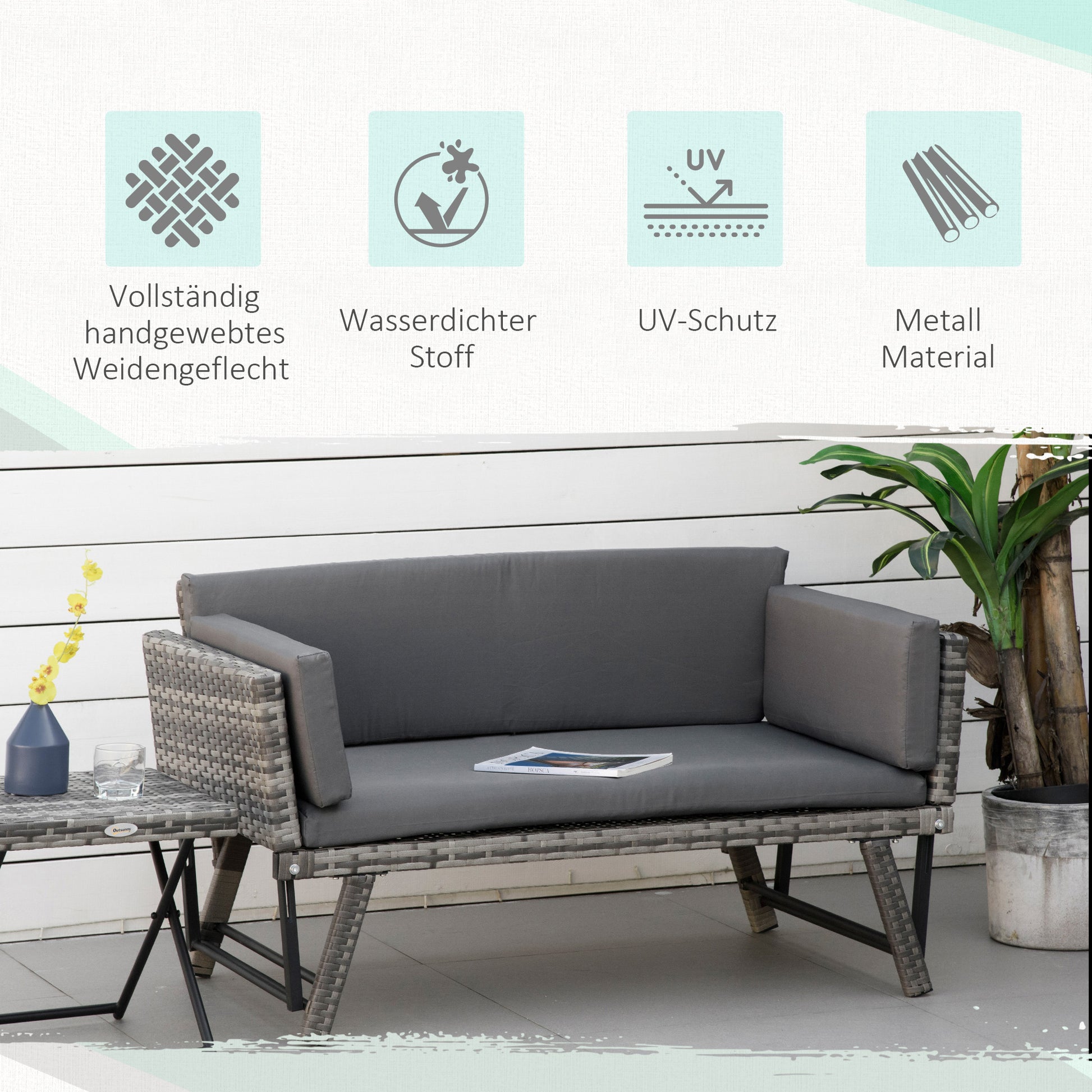 Poly Rattan Garden Sofa 2 Seater Outdoor Furniture Lounge Sofa Garden Bench Lounger with Foldable Armrests Steel Grey 129 x 63 x 67 cm
