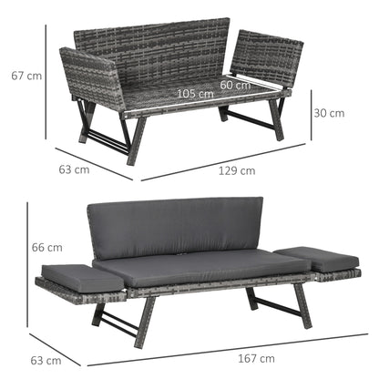 Poly Rattan Garden Sofa 2 Seater Outdoor Furniture Lounge Sofa Garden Bench Lounger with Foldable Armrests Steel Grey 129 x 63 x 67 cm