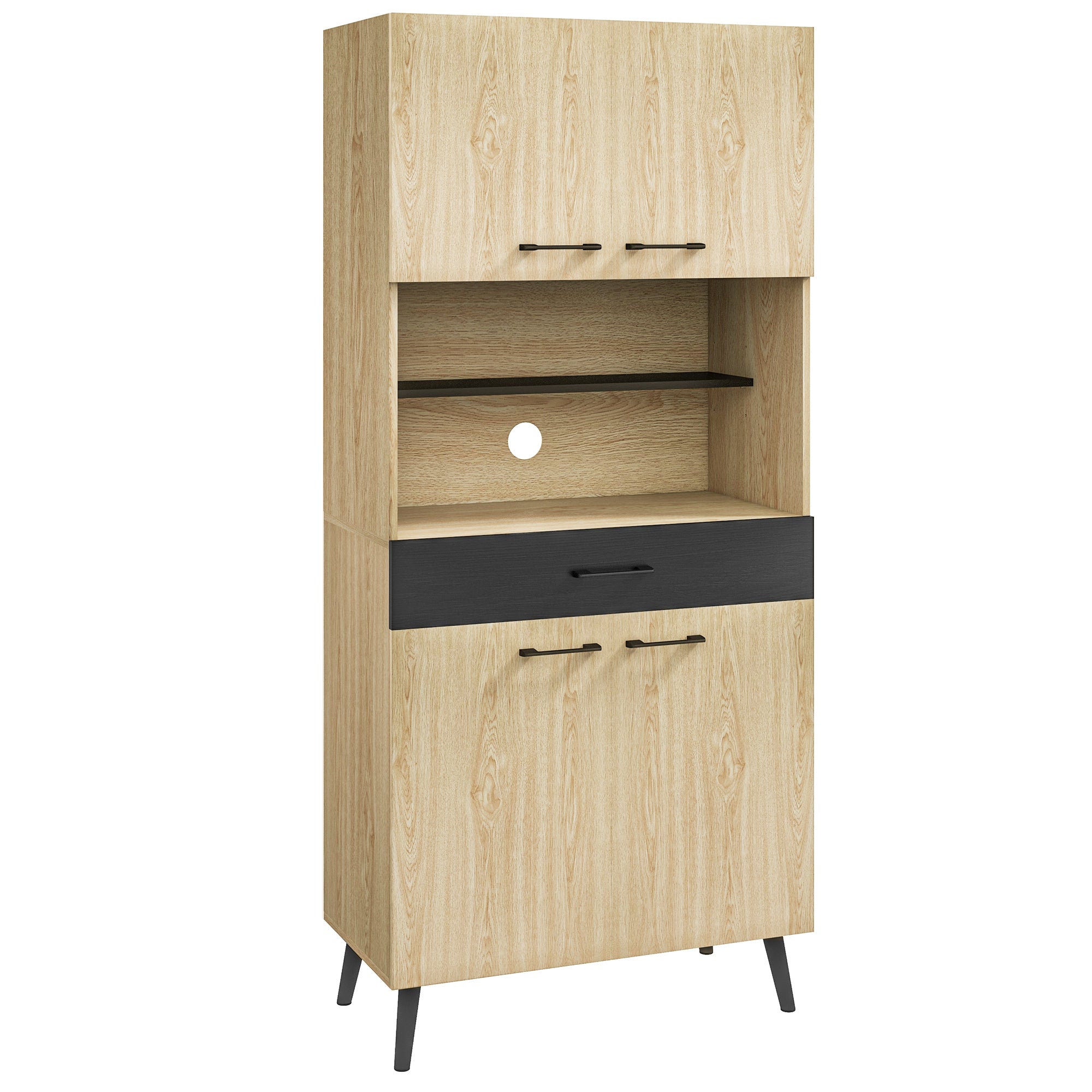Kitchen Cabinet Buffet with Multi-Storage Shelves Adjustable Height 178 cm with Drawer 2 Cupboards 1 Compartment and Cable Management Hole Black and Natural Wood