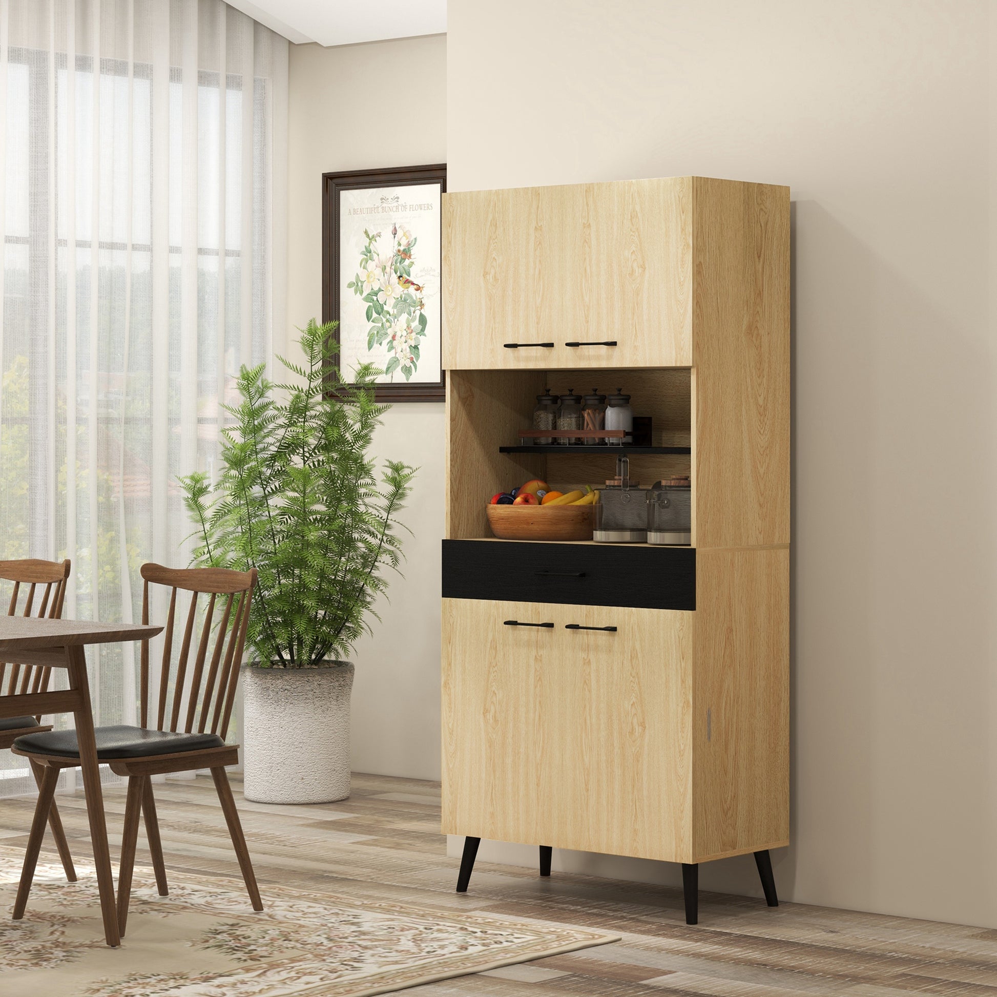 Kitchen Cabinet Buffet with Multi-Storage Shelves Adjustable Height 178 cm with Drawer 2 Cupboards 1 Compartment and Cable Management Hole Black and Natural Wood