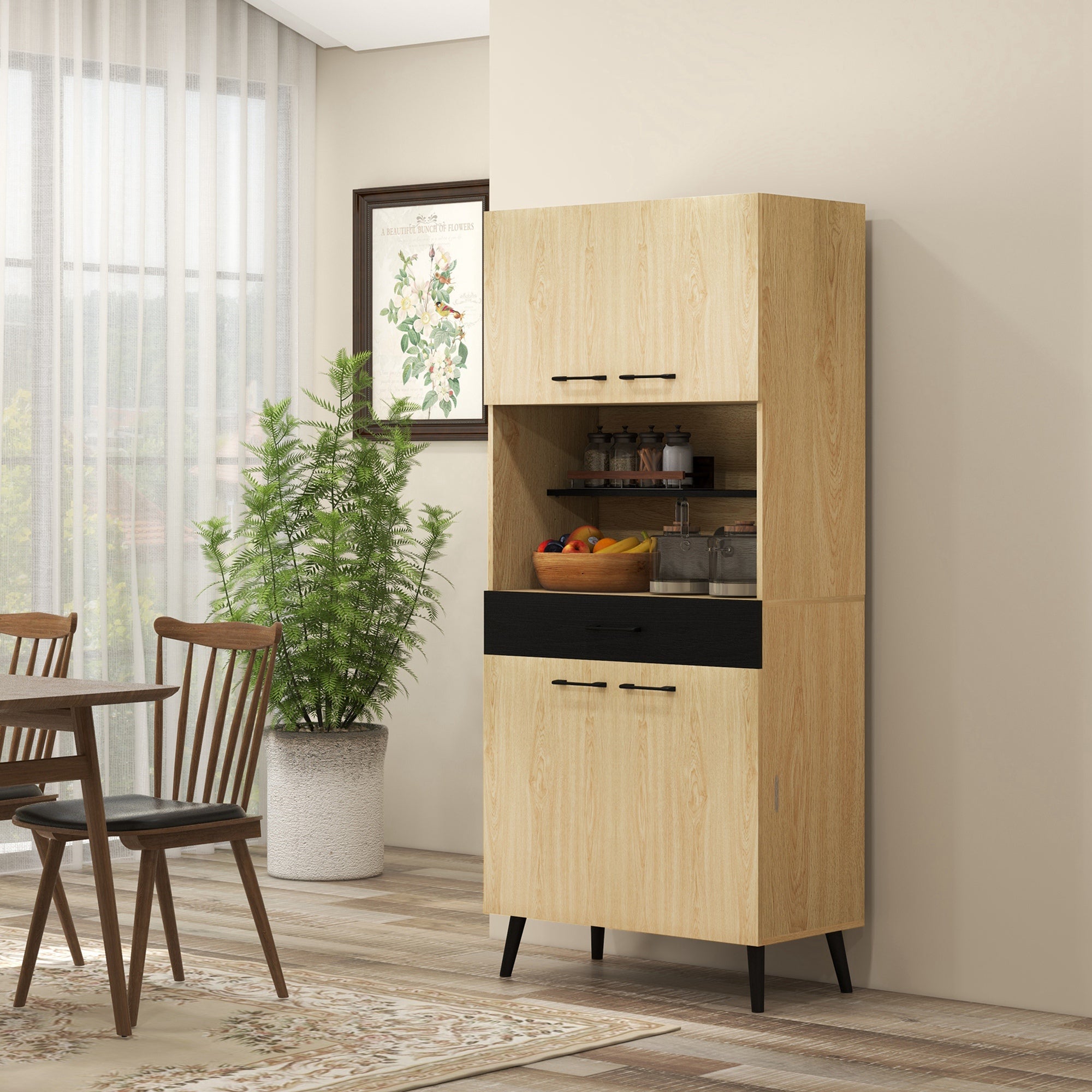 Kitchen Cabinet Buffet with Multi-Storage Shelves Adjustable Height 178 cm with Drawer 2 Cupboards 1 Compartment and Cable Management Hole Black and Natural Wood