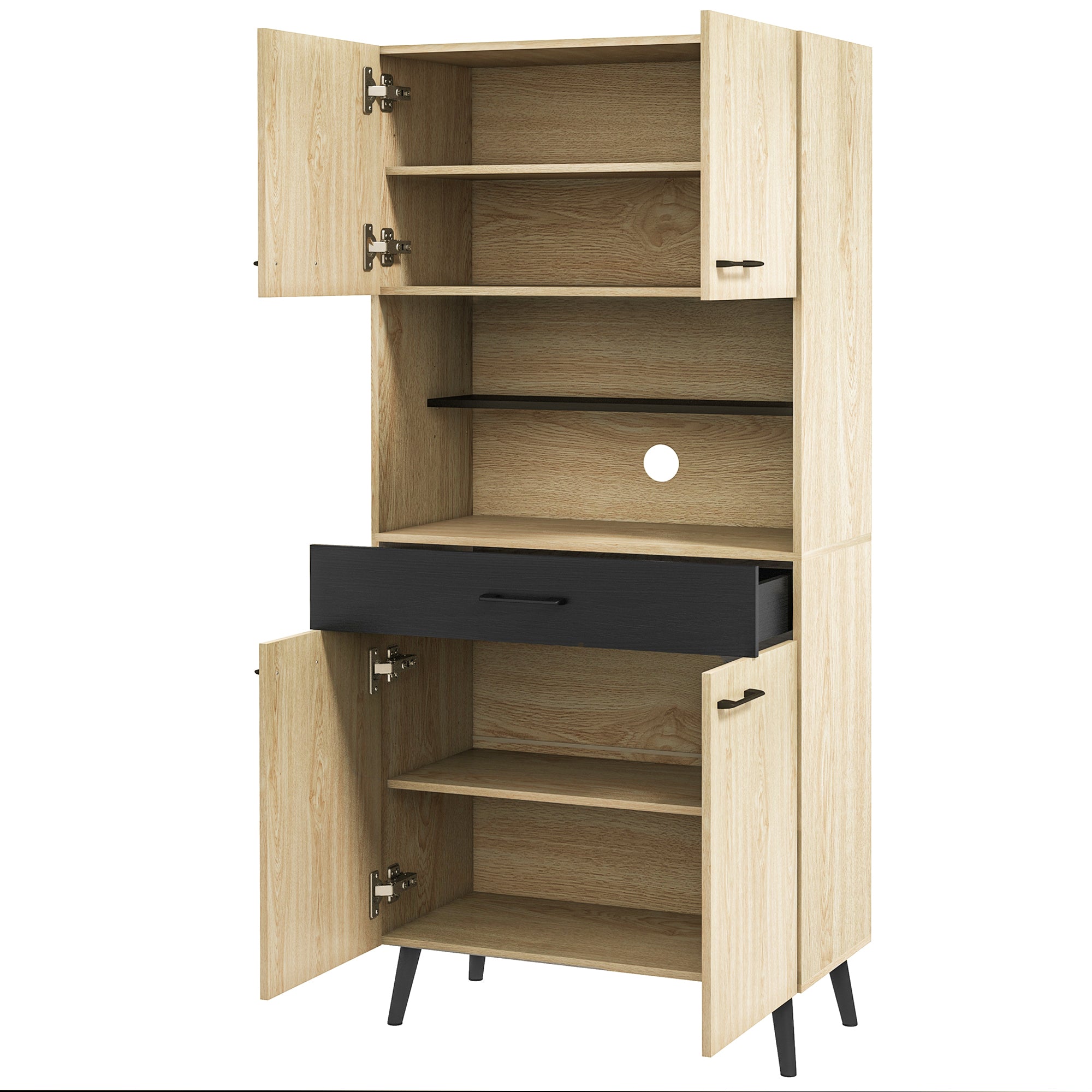 Kitchen Cabinet Buffet with Multi-Storage Shelves Adjustable Height 178 cm with Drawer 2 Cupboards 1 Compartment and Cable Management Hole Black and Natural Wood