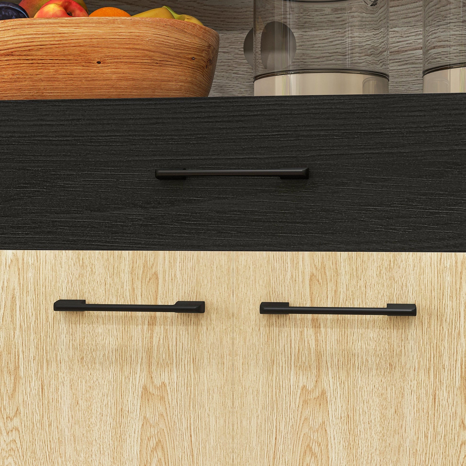 Kitchen Cabinet Buffet with Multi-Storage Shelves Adjustable Height 178 cm with Drawer 2 Cupboards 1 Compartment and Cable Management Hole Black and Natural Wood