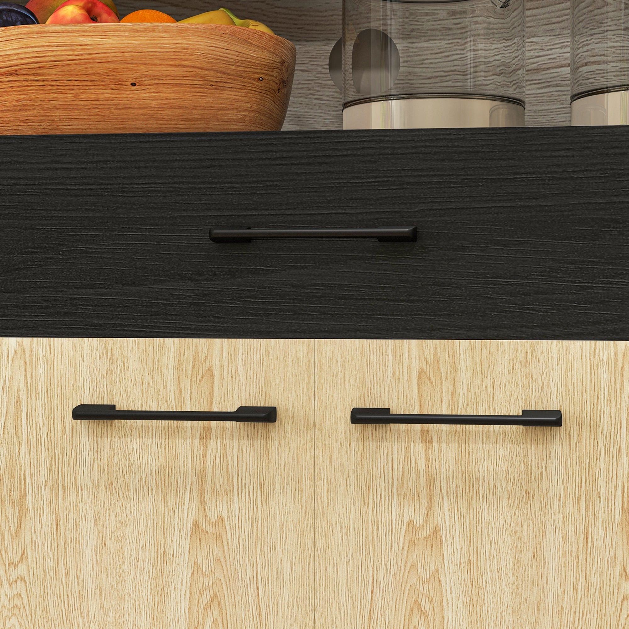 Kitchen Cabinet Buffet with Multi-Storage Shelves Adjustable Height 178 cm with Drawer 2 Cupboards 1 Compartment and Cable Management Hole Black and Natural Wood