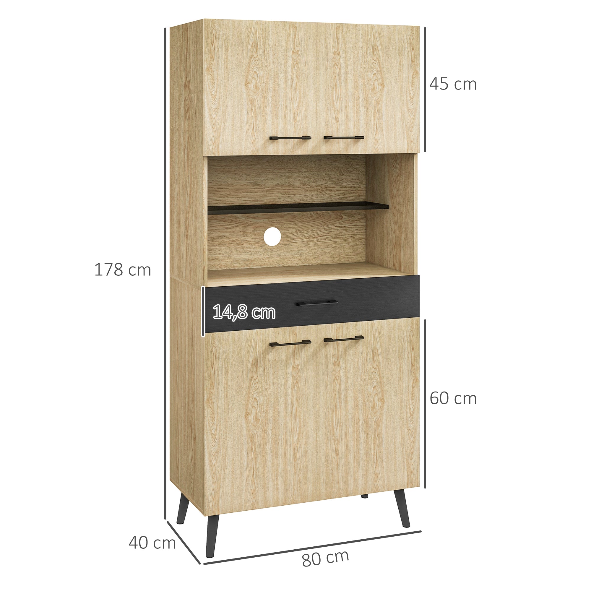 Kitchen Cabinet Buffet with Multi-Storage Shelves Adjustable Height 178 cm with Drawer 2 Cupboards 1 Compartment and Cable Management Hole Black and Natural Wood