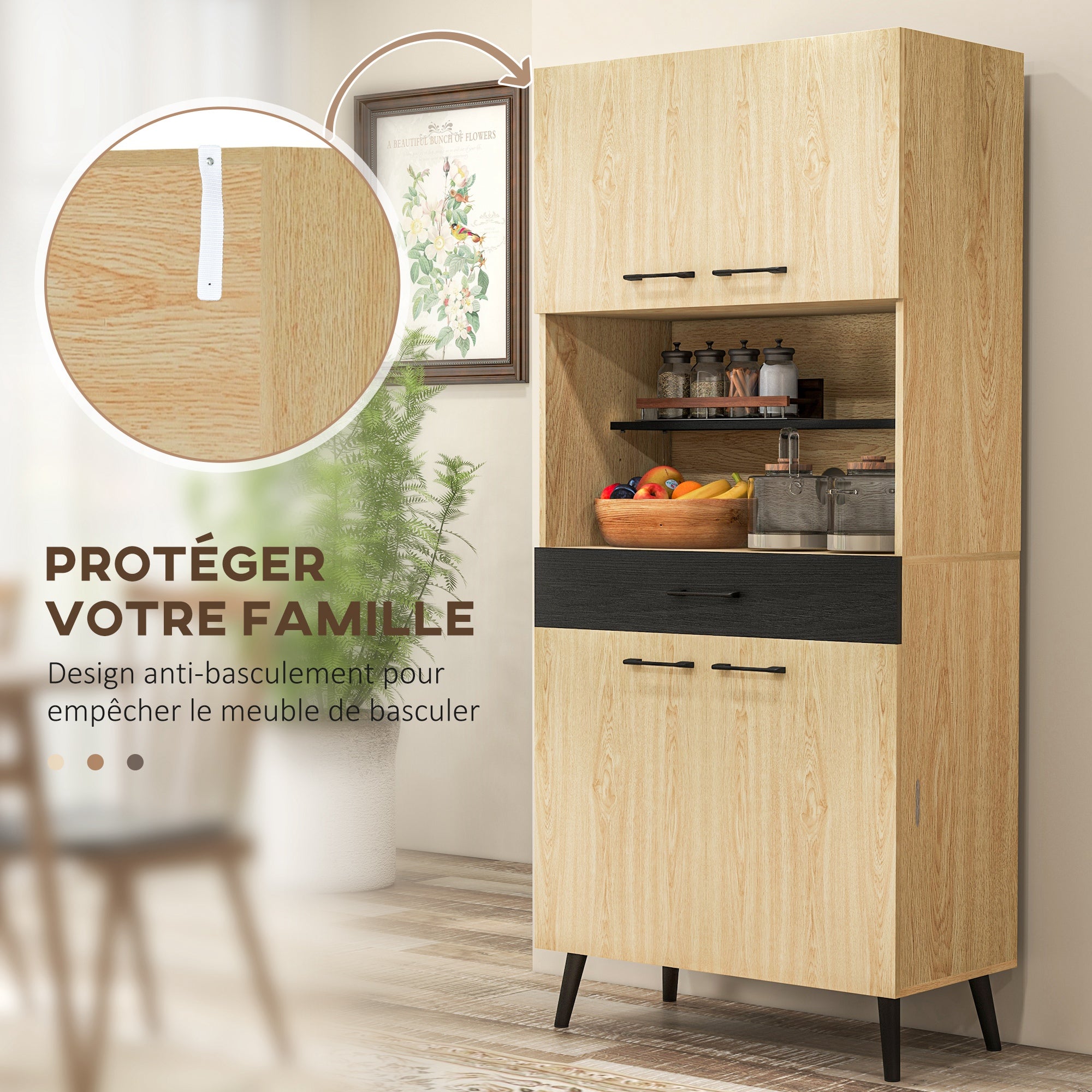 Kitchen Cabinet Buffet with Multi-Storage Shelves Adjustable Height 178 cm with Drawer 2 Cupboards 1 Compartment and Cable Management Hole Black and Natural Wood