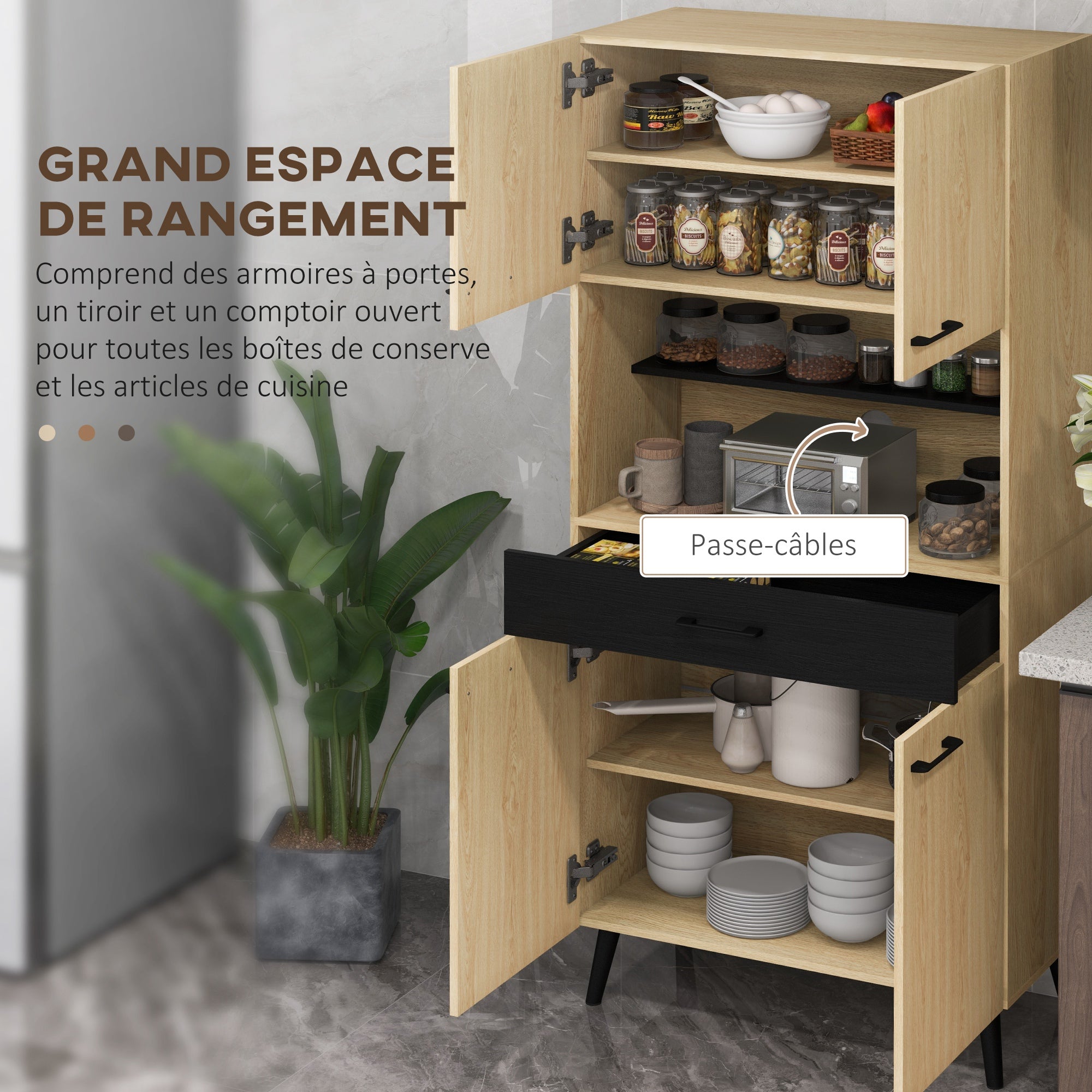 Kitchen Cabinet Buffet with Multi-Storage Shelves Adjustable Height 178 cm with Drawer 2 Cupboards 1 Compartment and Cable Management Hole Black and Natural Wood