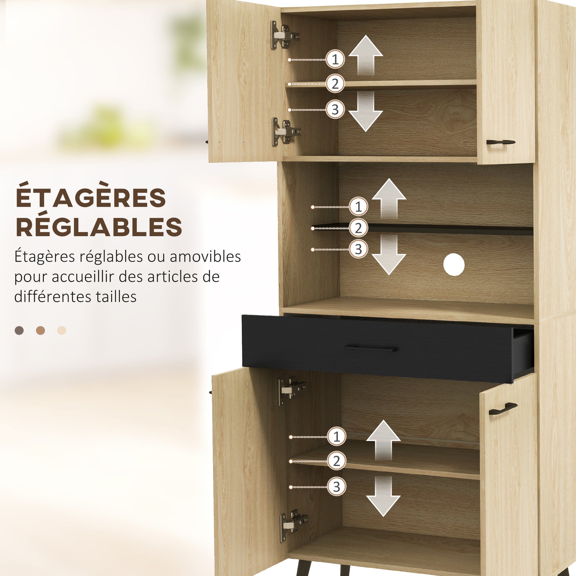 Kitchen Cabinet Buffet with Multi-Storage Shelves Adjustable Height 178 cm with Drawer 2 Cupboards 1 Compartment and Cable Management Hole Black and Natural Wood