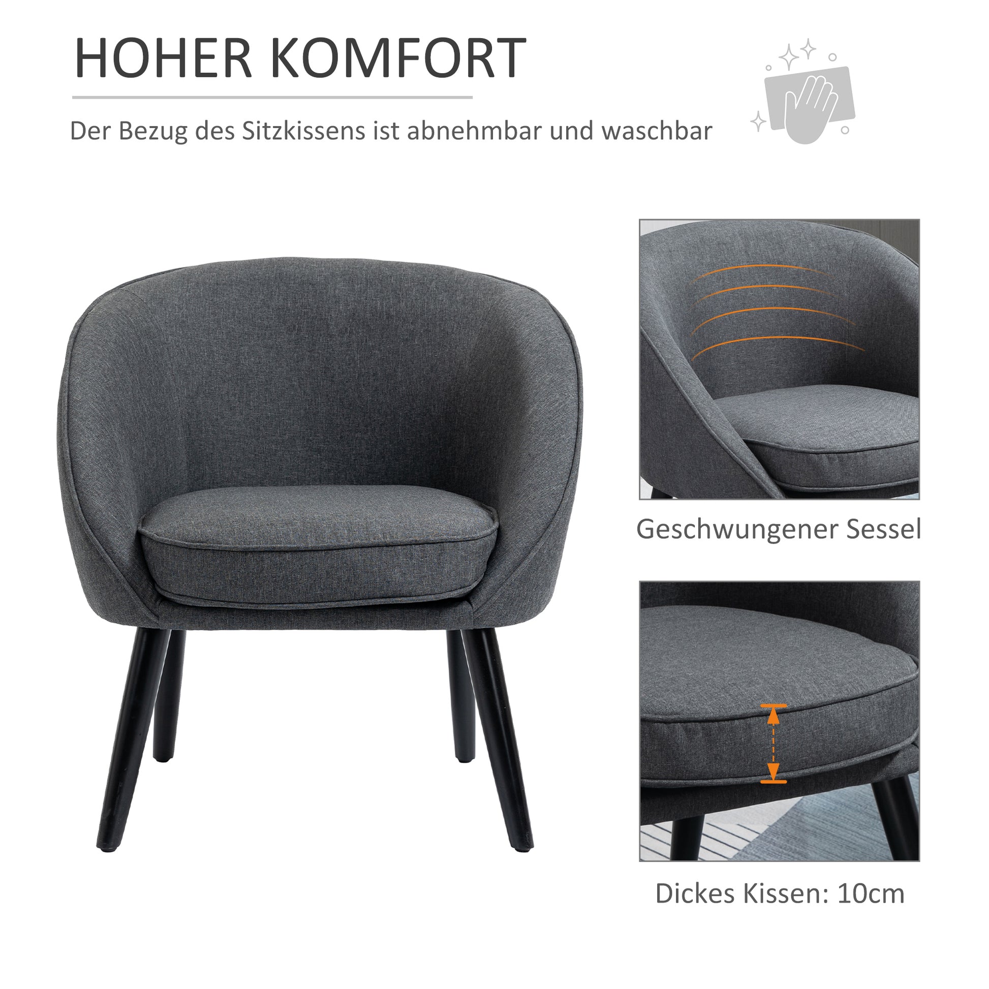 Lounge Chair Cocktail Chair Living Room Chair Office Chair Upholstered Chair for Living Room, Bedroom, Children's Room, Dining Room Modern with Linen Look Wood Gray 71 x 65 x 75 cm