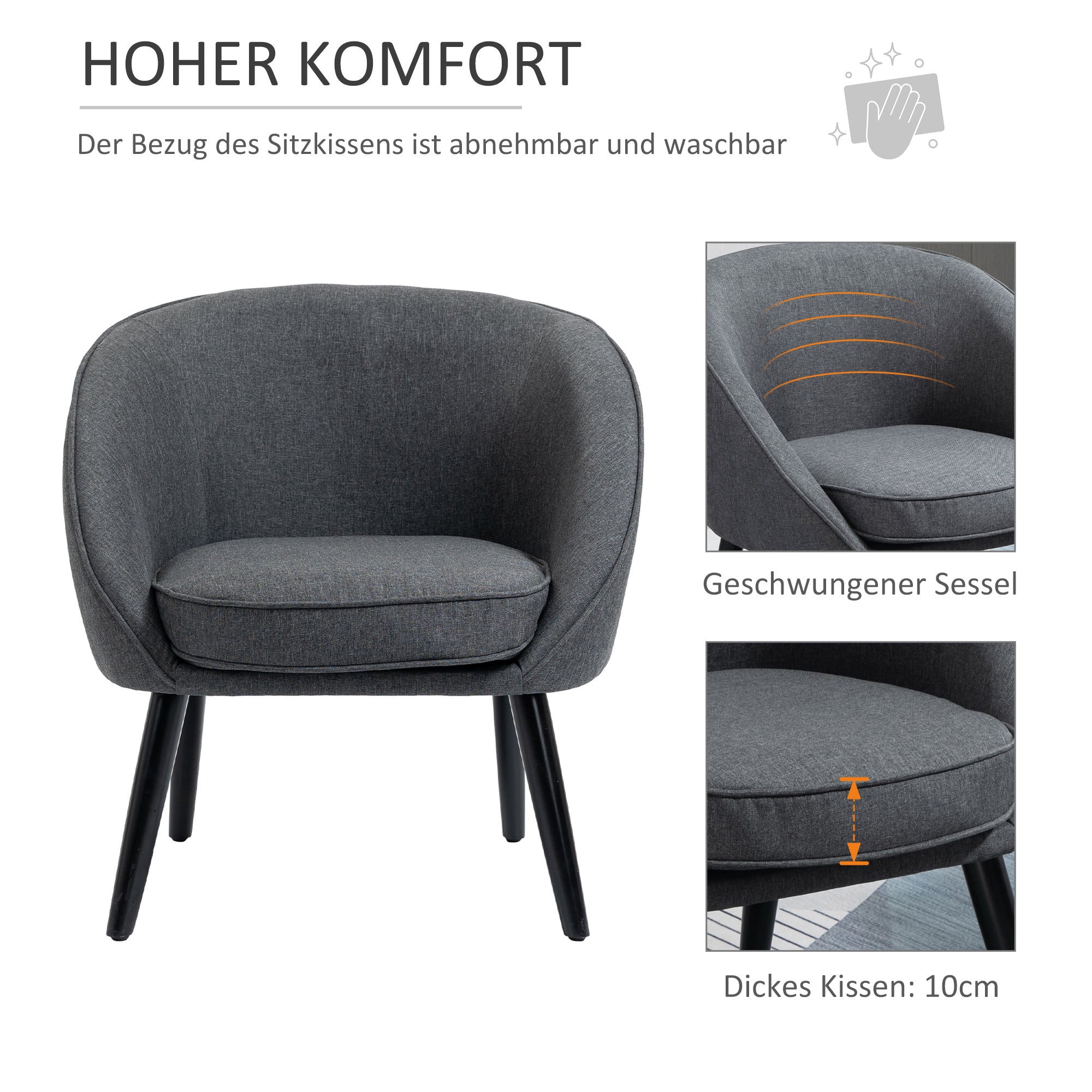 Lounge Chair Cocktail Chair Living Room Chair Office Chair Upholstered Chair for Living Room, Bedroom, Children's Room, Dining Room Modern with Linen Look Wood Gray 71 x 65 x 75 cm