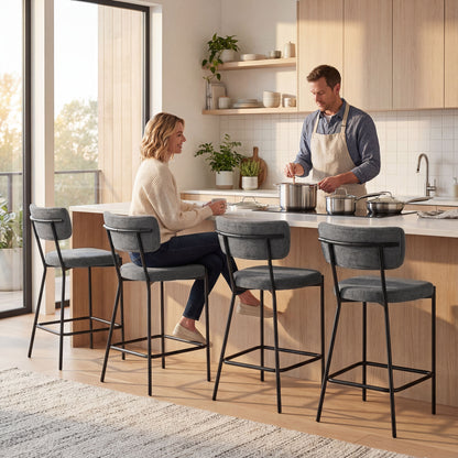 2-Piece Bar Stool Set — Upholstered Curved-Back Counter Stools with Footrest, Metal Frame, Linen-Look, 25" Seat Height, Gray