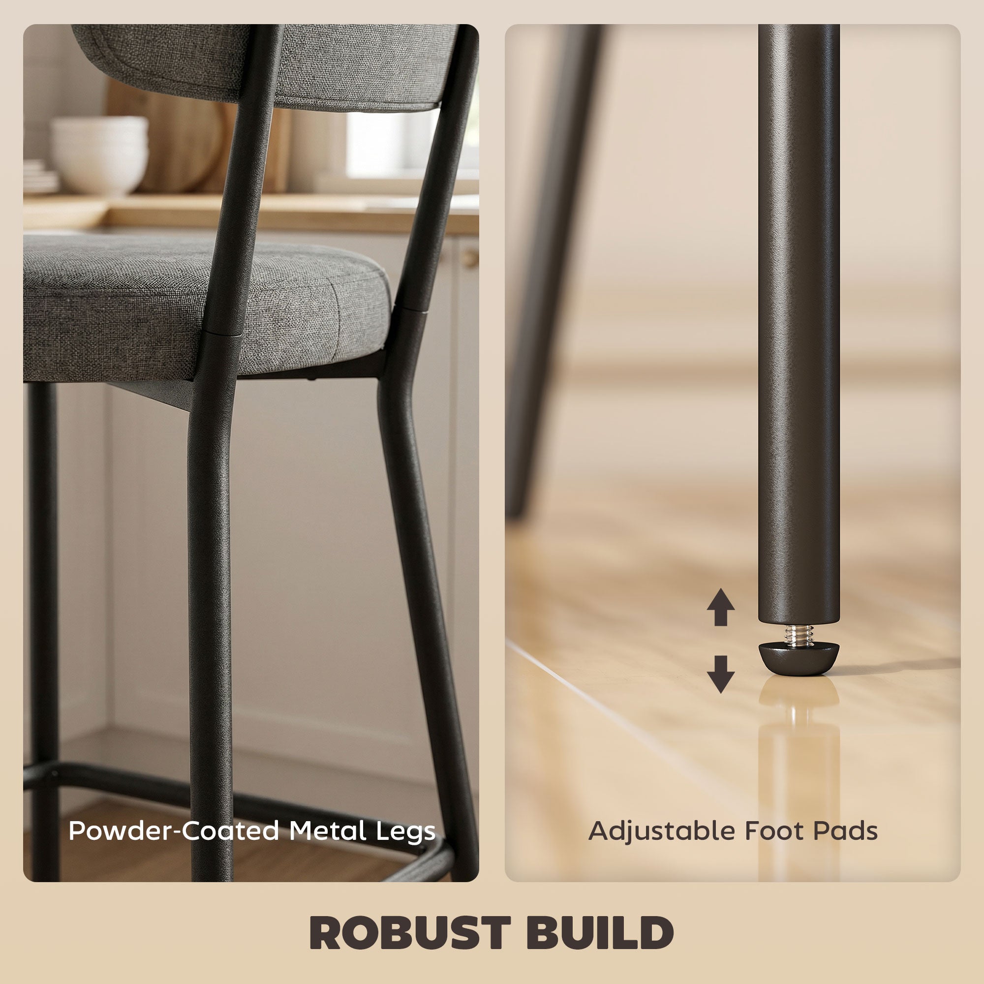 2-Piece Bar Stool Set — Upholstered Curved-Back Counter Stools with Footrest, Metal Frame, Linen-Look, 25" Seat Height, Gray