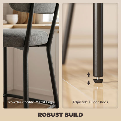 2-Piece Bar Stool Set — Upholstered Curved-Back Counter Stools with Footrest, Metal Frame, Linen-Look, 25" Seat Height, Gray