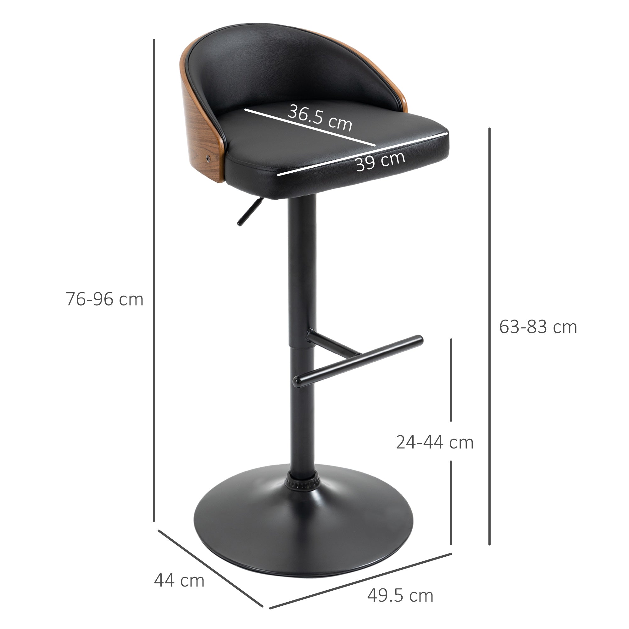 Bar Stool Set of 2, Upholstered Bar Chair made of Steel and Solid Wood, Height Adjustable Kitchen Chairs with Footrest, 360° Swivel, Counter Stools for Kitchen, Living Room, Dining Room, Black+Coffee