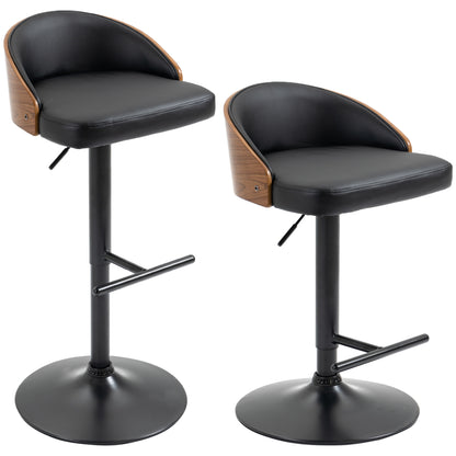 Bar Stool Set of 2, Upholstered Bar Chair made of Steel and Solid Wood, Height Adjustable Kitchen Chairs with Footrest, 360° Swivel, Counter Stools for Kitchen, Living Room, Dining Room, Black+Coffee