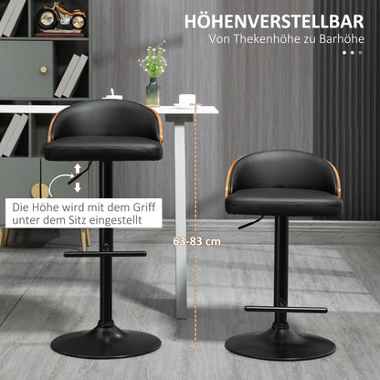 Bar Stool Set of 2, Upholstered Bar Chair made of Steel and Solid Wood, Height Adjustable Kitchen Chairs with Footrest, 360° Swivel, Counter Stools for Kitchen, Living Room, Dining Room, Black+Coffee