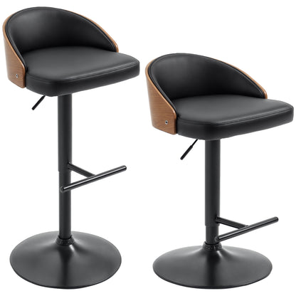Bar Stool Set of 2, Upholstered Bar Chair made of Steel and Solid Wood, Height Adjustable Kitchen Chairs with Footrest, 360° Swivel, Counter Stools for Kitchen, Living Room, Dining Room, Black+Coffee