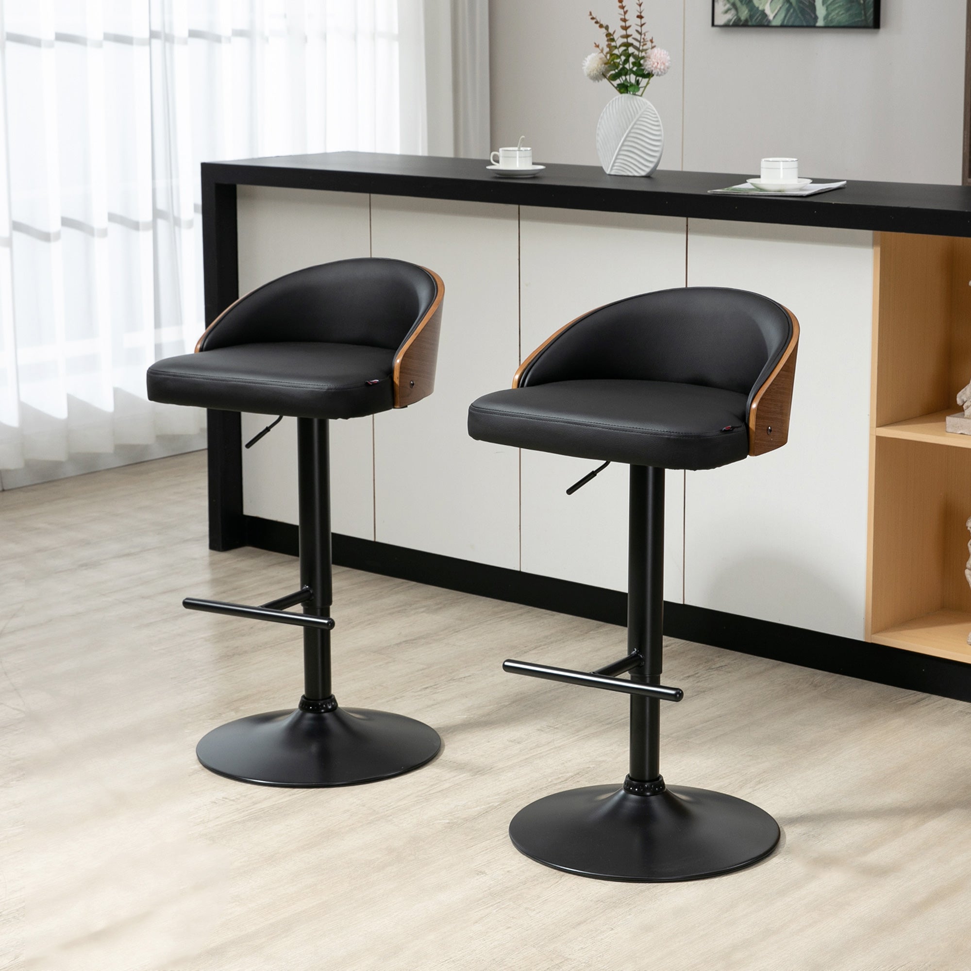 Bar Stool Set of 2, Upholstered Bar Chair made of Steel and Solid Wood, Height Adjustable Kitchen Chairs with Footrest, 360° Swivel, Counter Stools for Kitchen, Living Room, Dining Room, Black+Coffee