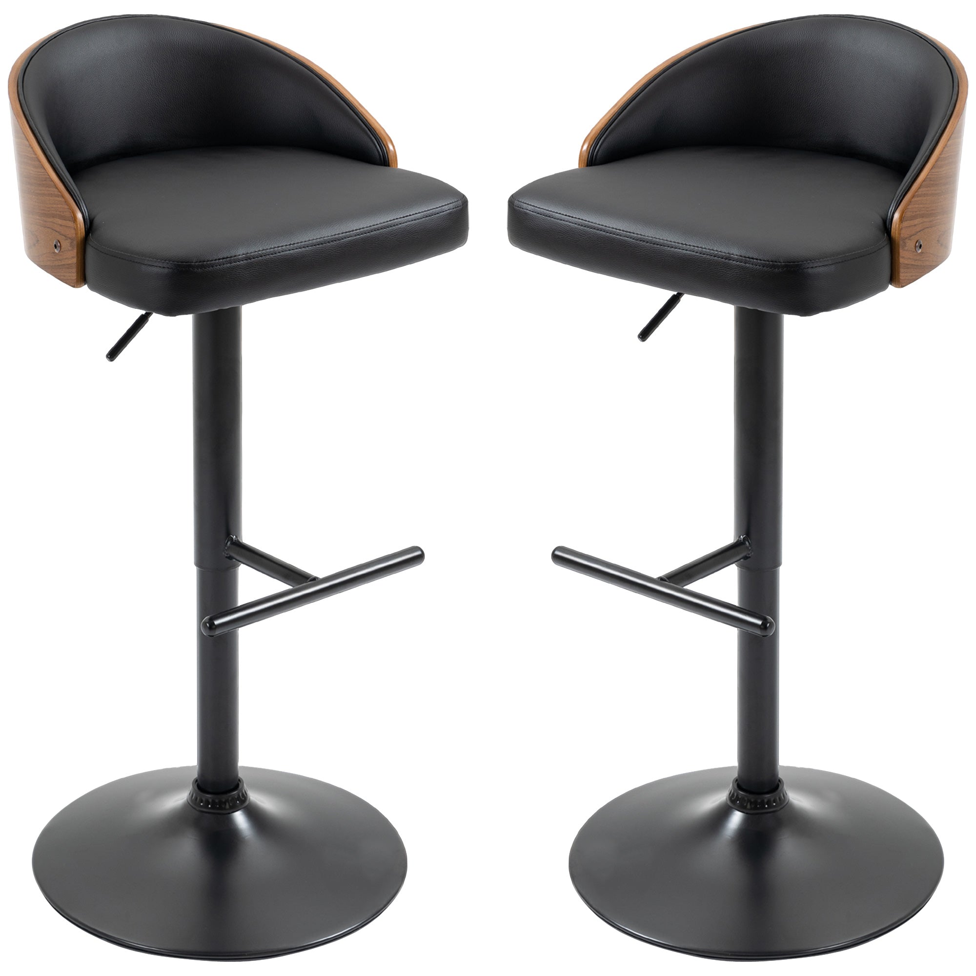 Bar Stool Set of 2, Upholstered Bar Chair made of Steel and Solid Wood, Height Adjustable Kitchen Chairs with Footrest, 360° Swivel, Counter Stools for Kitchen, Living Room, Dining Room, Black+Coffee