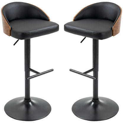 Bar Stool Set of 2, Upholstered Bar Chair made of Steel and Solid Wood, Height Adjustable Kitchen Chairs with Footrest, 360° Swivel, Counter Stools for Kitchen, Living Room, Dining Room, Black+Coffee