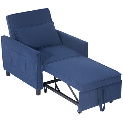 3-in-1 Sleeper Chair, Folding Bed with Sleeper Function, Lumbar Pillow, Reclining Chair with Adjustable Backrest, Wheels, Side Pocket, for Living Room, Corduroy, Blue