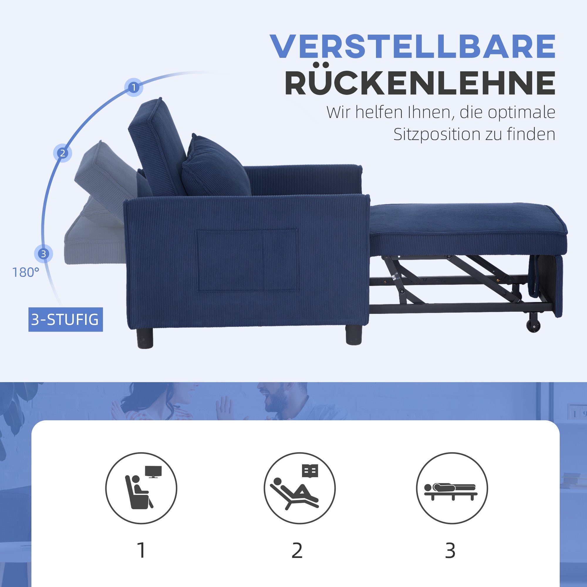 3-in-1 Sleeper Chair, Folding Bed with Sleeper Function, Lumbar Pillow, Reclining Chair with Adjustable Backrest, Wheels, Side Pocket, for Living Room, Corduroy, Blue