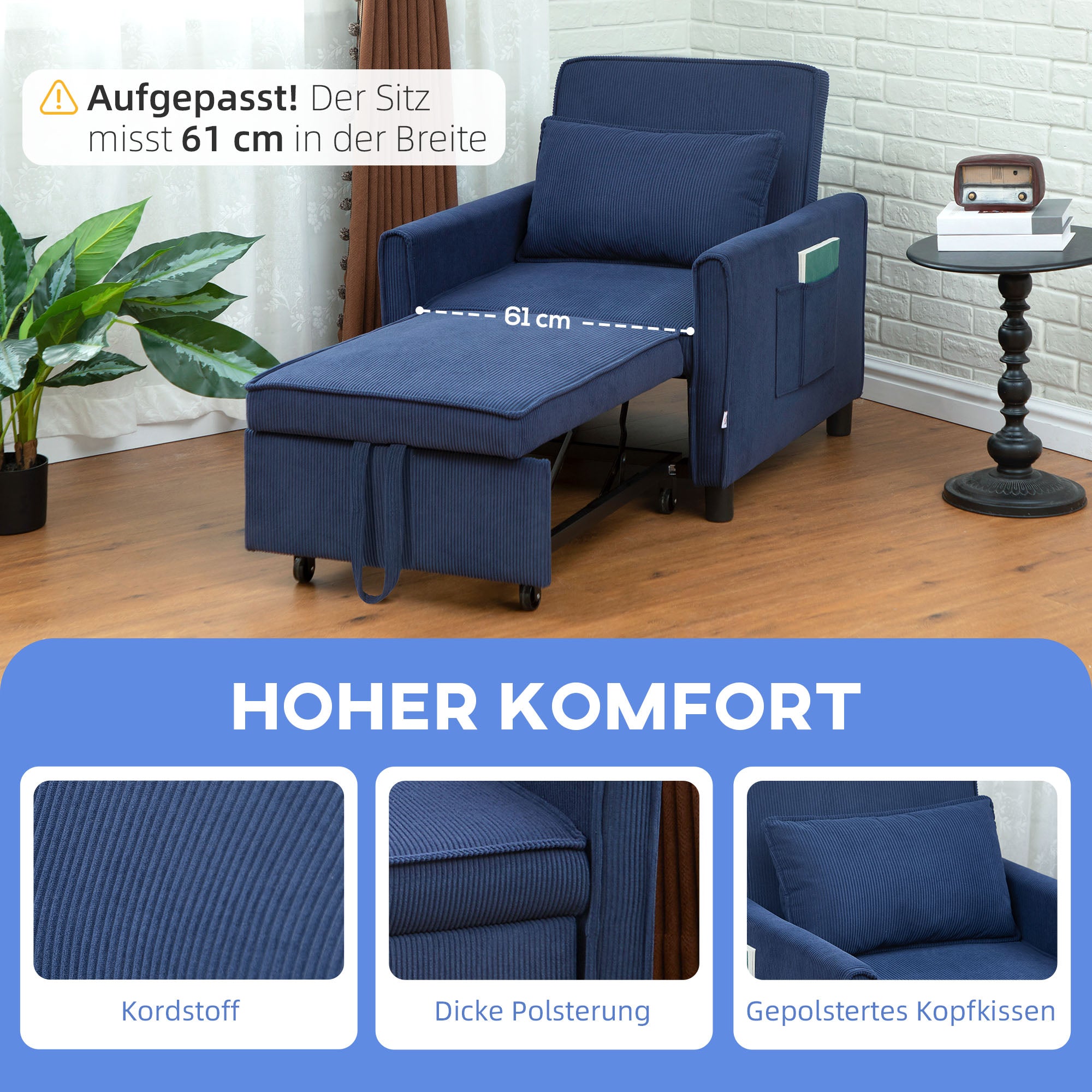 3-in-1 Sleeper Chair, Folding Bed with Sleeper Function, Lumbar Pillow, Reclining Chair with Adjustable Backrest, Wheels, Side Pocket, for Living Room, Corduroy, Blue