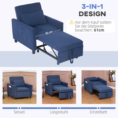 3-in-1 Sleeper Chair, Folding Bed with Sleeper Function, Lumbar Pillow, Reclining Chair with Adjustable Backrest, Wheels, Side Pocket, for Living Room, Corduroy, Blue