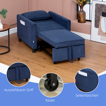 3-in-1 Sleeper Chair, Folding Bed with Sleeper Function, Lumbar Pillow, Reclining Chair with Adjustable Backrest, Wheels, Side Pocket, for Living Room, Corduroy, Blue