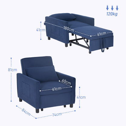 3-in-1 Sleeper Chair, Folding Bed with Sleeper Function, Lumbar Pillow, Reclining Chair with Adjustable Backrest, Wheels, Side Pocket, for Living Room, Corduroy, Blue
