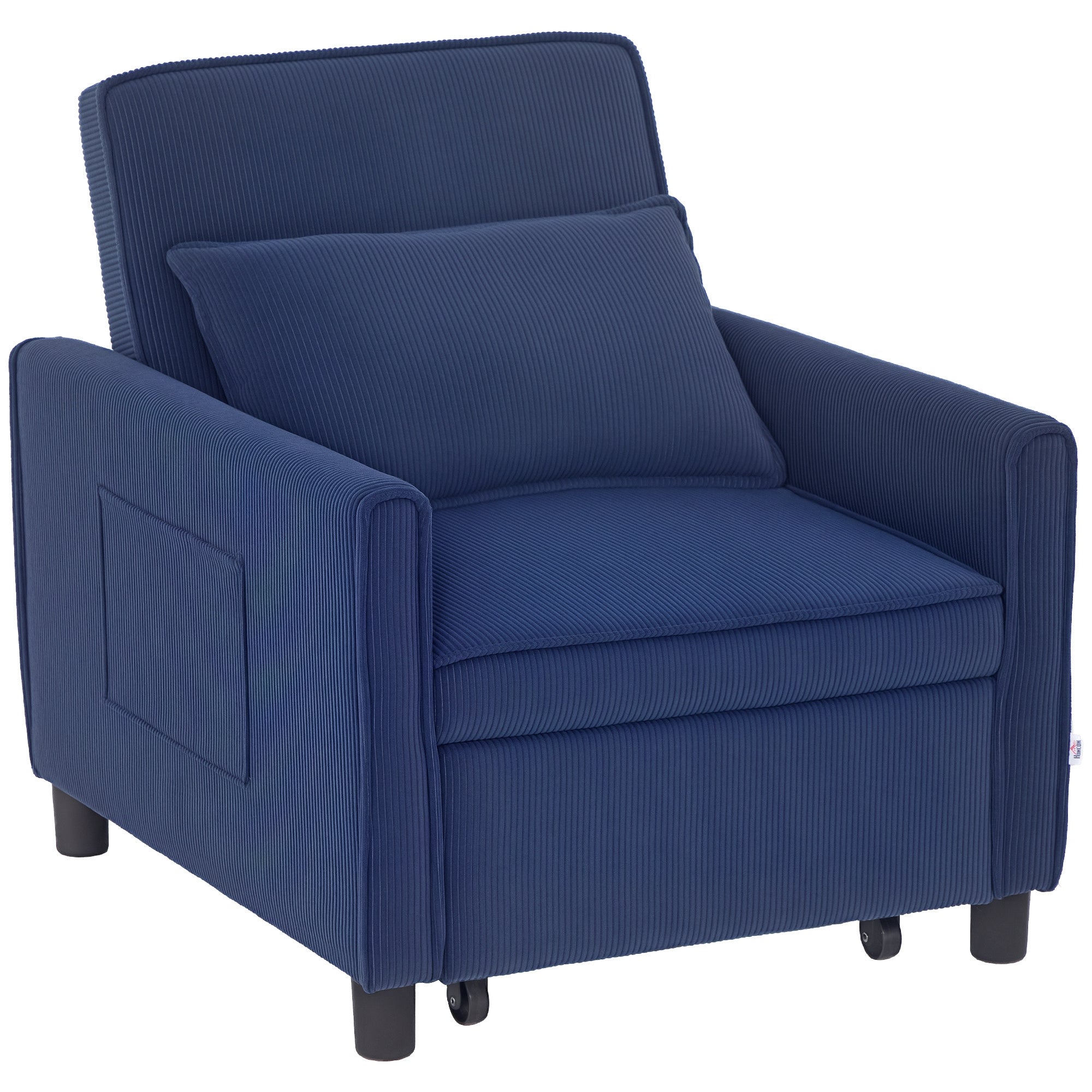 3-in-1 Sleeper Chair, Folding Bed with Sleeper Function, Lumbar Pillow, Reclining Chair with Adjustable Backrest, Wheels, Side Pocket, for Living Room, Corduroy, Blue