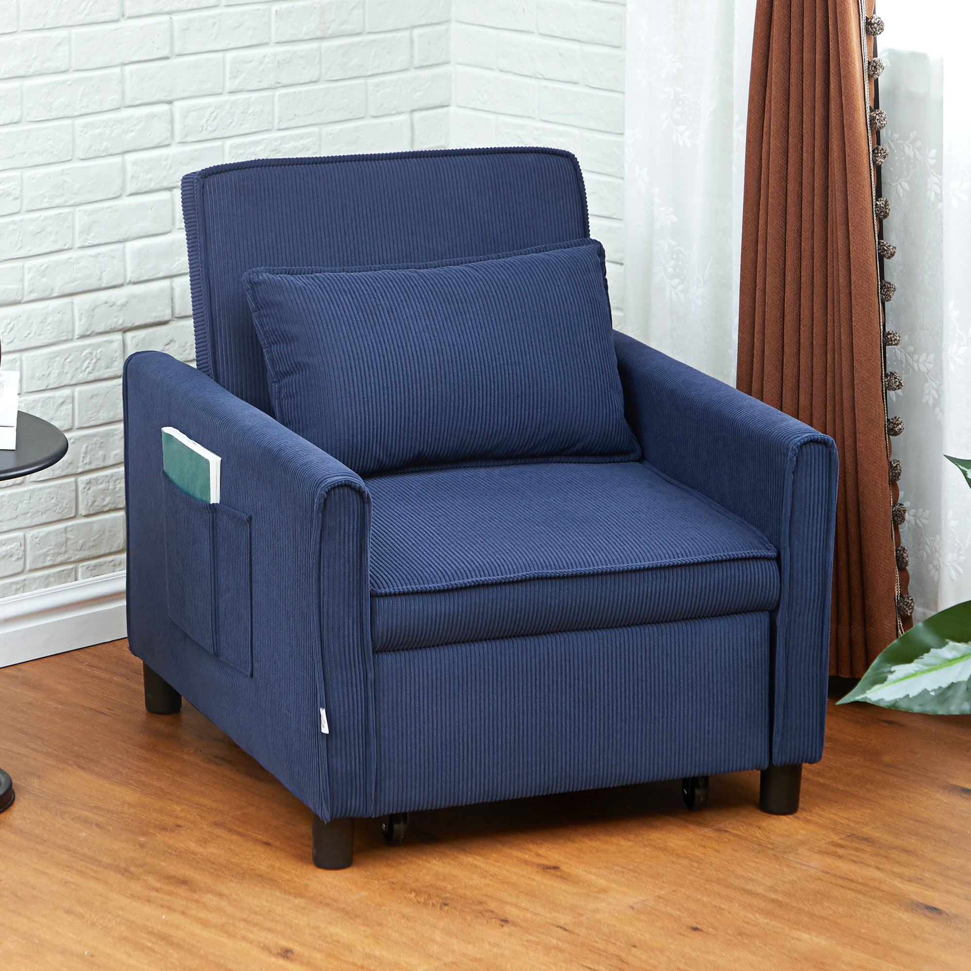 3-in-1 Sleeper Chair, Folding Bed with Sleeper Function, Lumbar Pillow, Reclining Chair with Adjustable Backrest, Wheels, Side Pocket, for Living Room, Corduroy, Blue