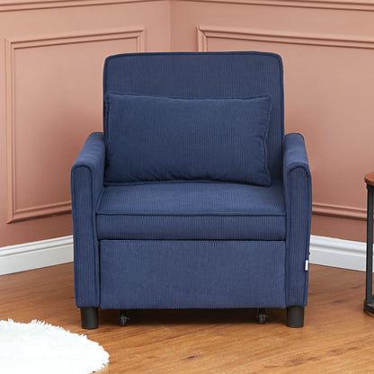 3-in-1 Sleeper Chair, Folding Bed with Sleeper Function, Lumbar Pillow, Reclining Chair with Adjustable Backrest, Wheels, Side Pocket, for Living Room, Corduroy, Blue