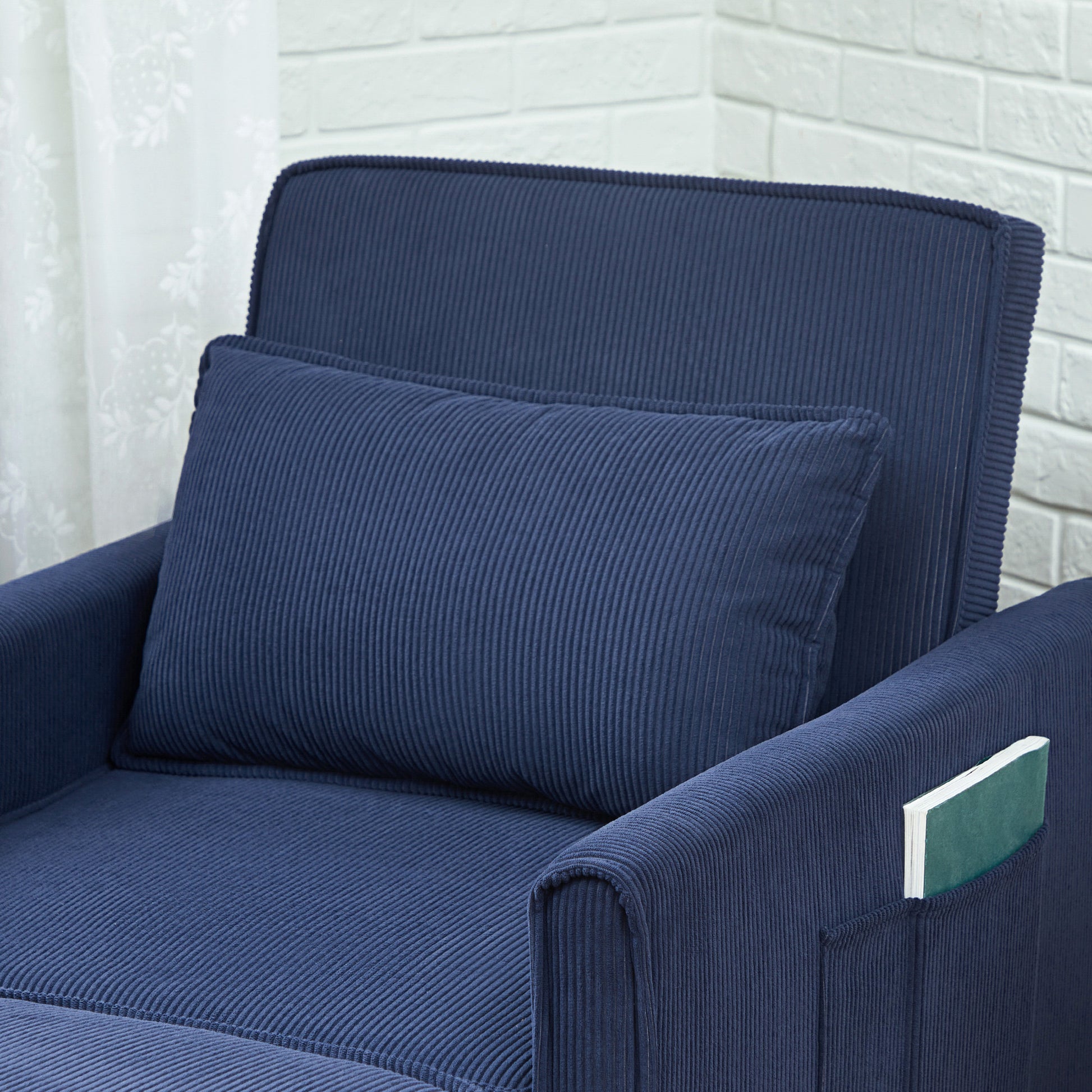 3-in-1 Sleeper Chair, Folding Bed with Sleeper Function, Lumbar Pillow, Reclining Chair with Adjustable Backrest, Wheels, Side Pocket, for Living Room, Corduroy, Blue