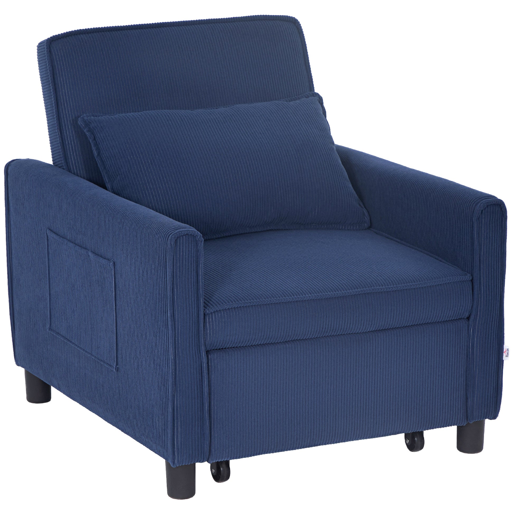 3-in-1 Sleeper Chair, Folding Bed with Sleeper Function, Lumbar Pillow, Reclining Chair with Adjustable Backrest, Wheels, Side Pocket, for Living Room, Corduroy, Blue
